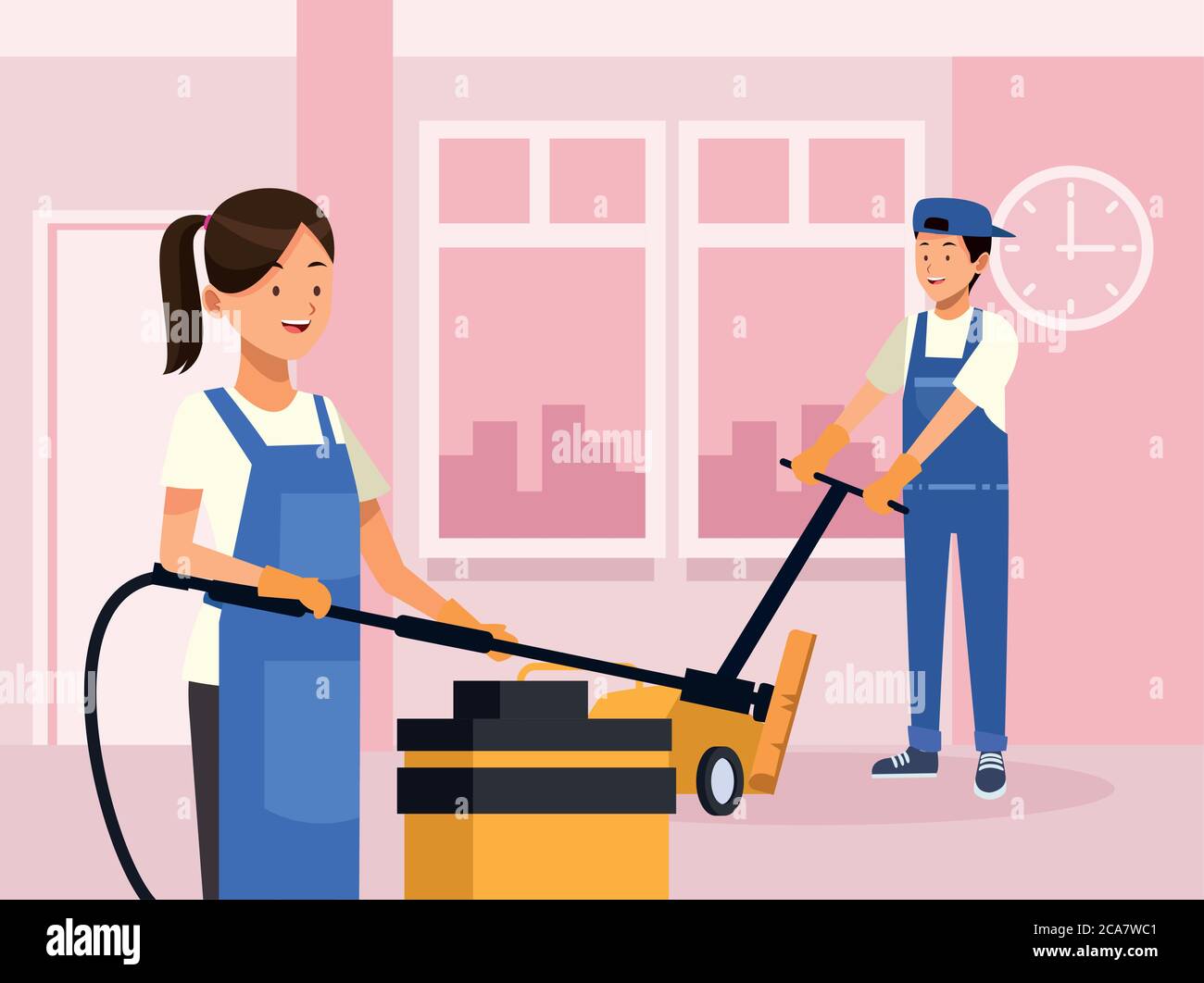 housekeeping couple workers cleaning room with tools characters vector