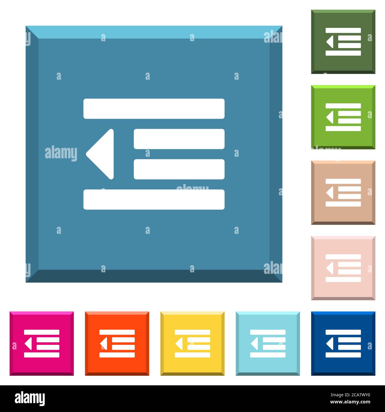 Decrease text indentation white icons on edged square buttons in various trendy colors Stock Vector