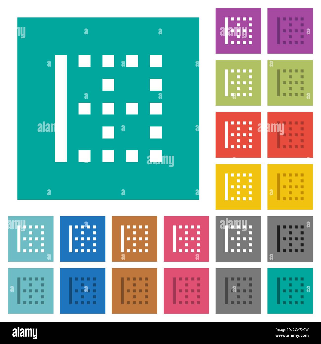 Left border multi colored flat icons on plain square backgrounds. Included white and darker icon variations for hover or active effects. Stock Vector