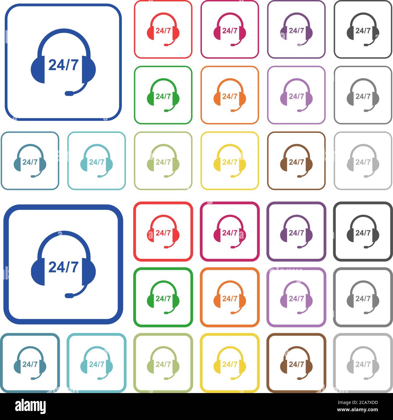 24 hour call center color flat icons in rounded square frames. Thin and thick versions included. Stock Vector