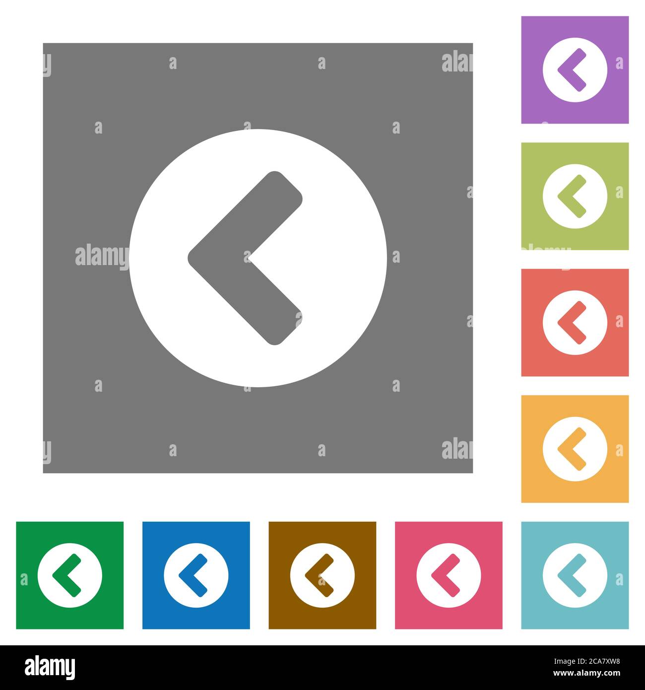 Chevron left flat icons on simple color square backgrounds Stock Vector