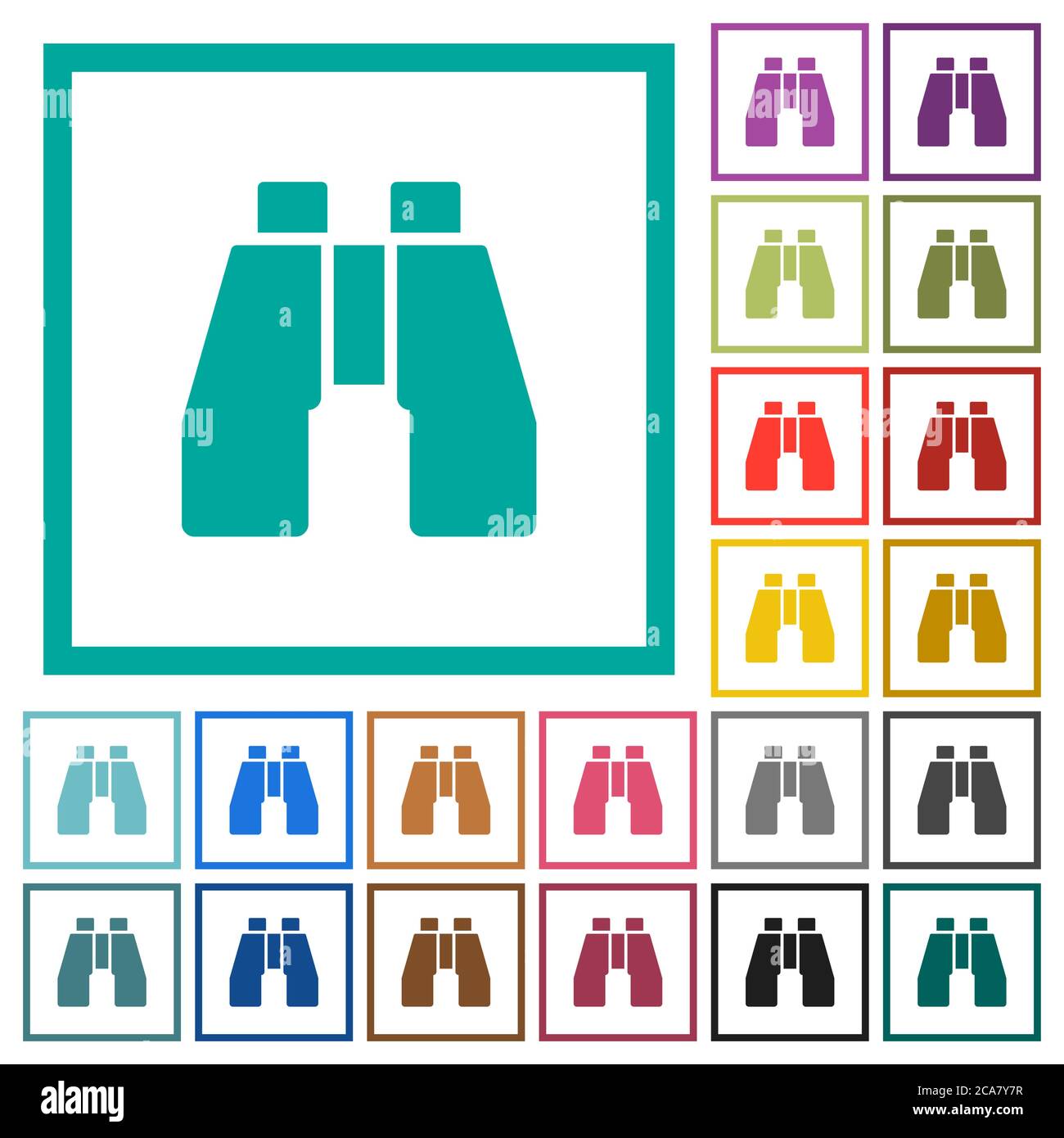 Binoculars flat color icons with quadrant frames on white background Stock Vector