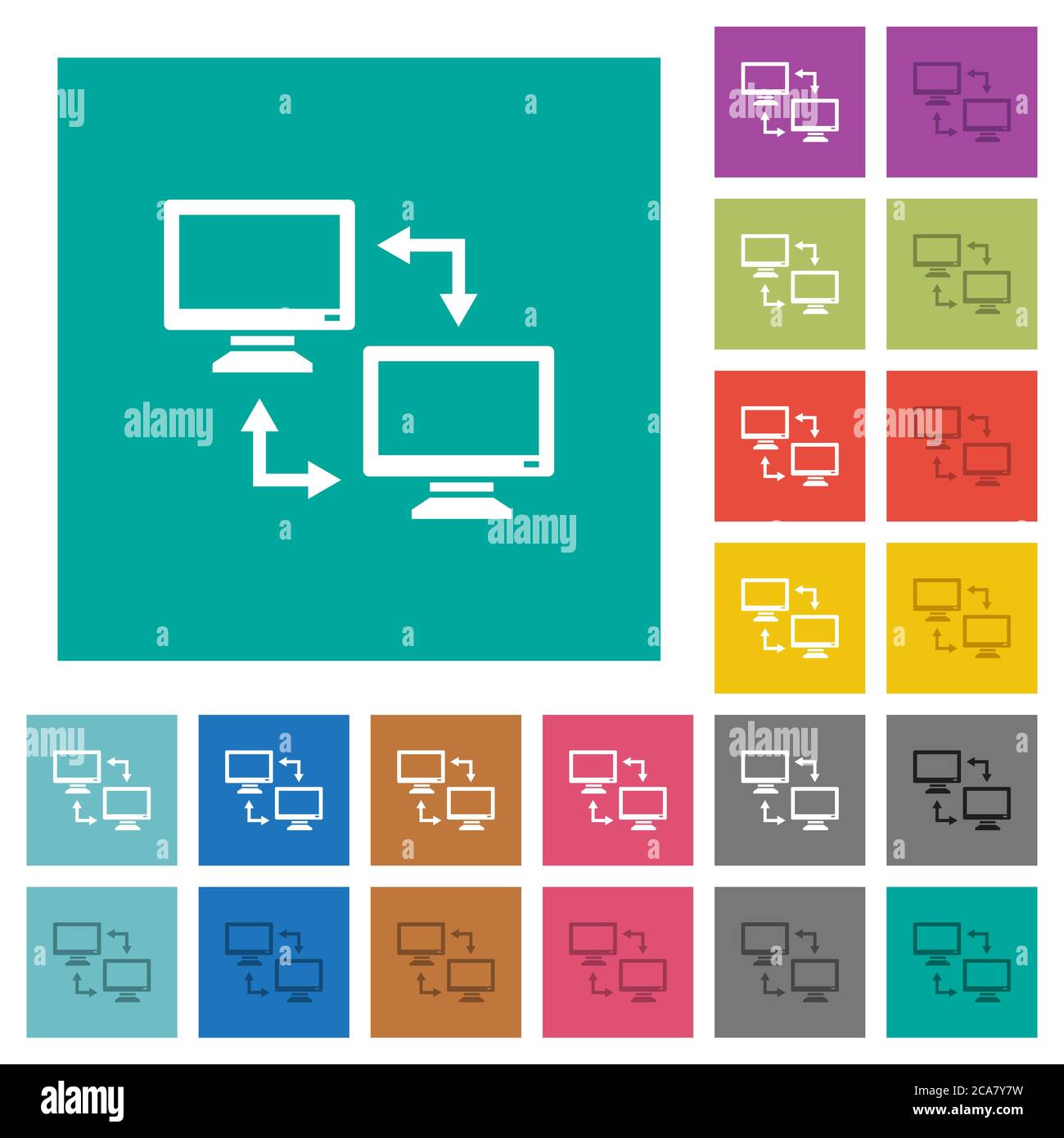 Data syncronization multi colored flat icons on plain square backgrounds. Included white and darker icon variations for hover or active effects. Stock Vector