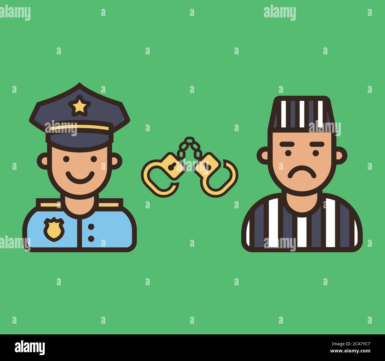 contented policeman and angry prisoner. character vector icons Stock Vector