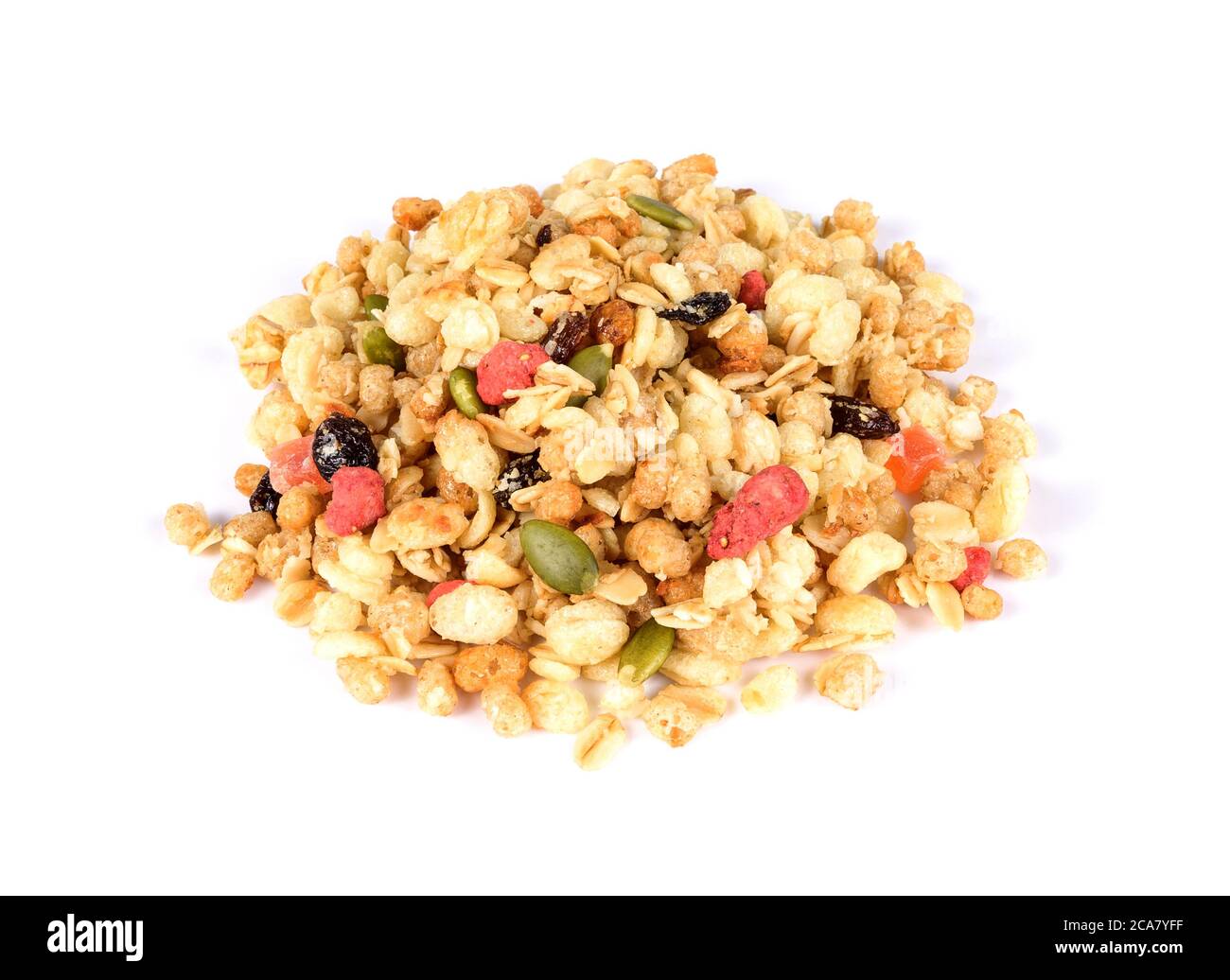 Pile of granola cereal with raisins and dried fruits isolated on white Stock Photo Alamy