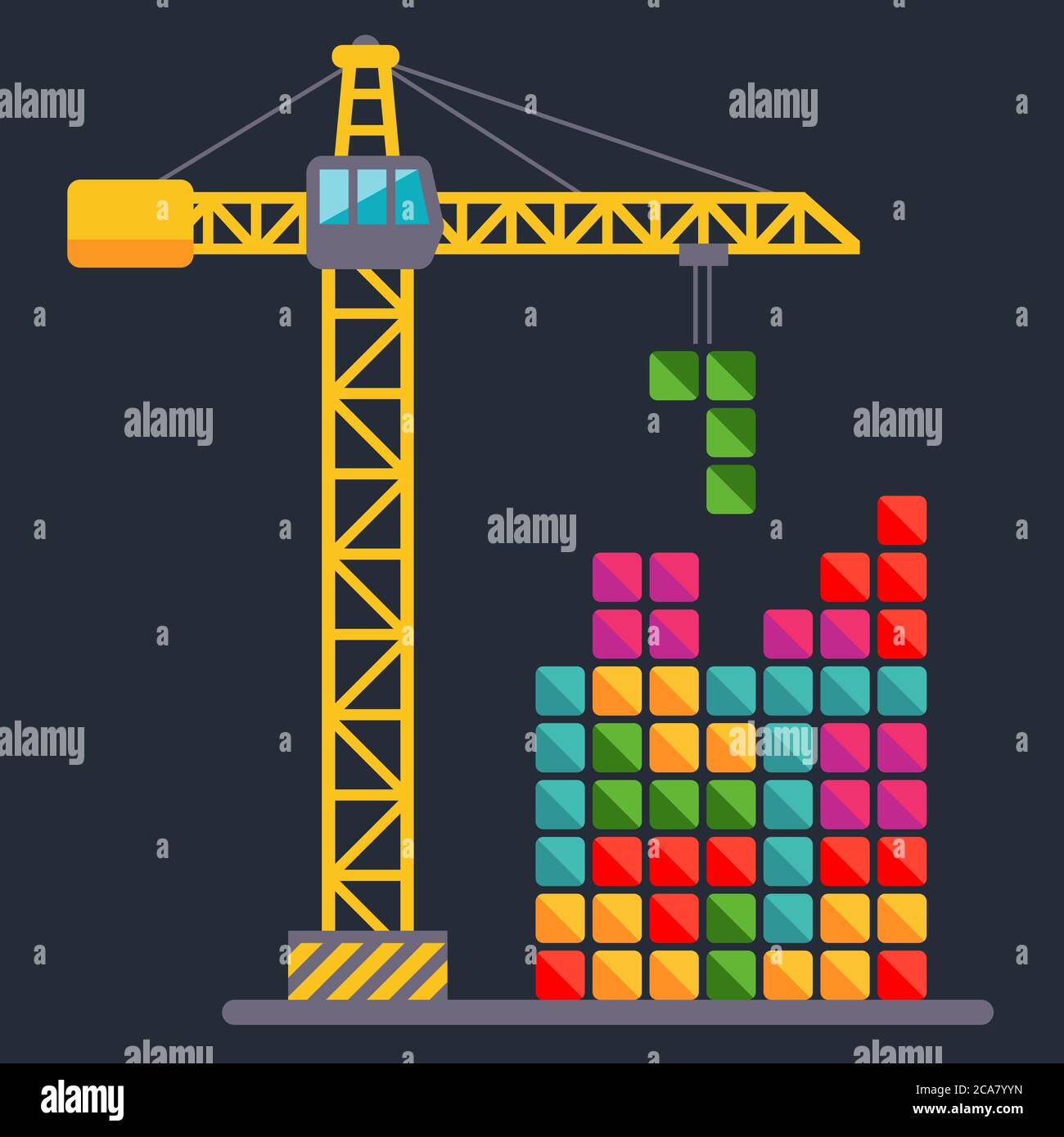 Construction crane builds a constructor. child Game. flat vector illustration. Stock Vector