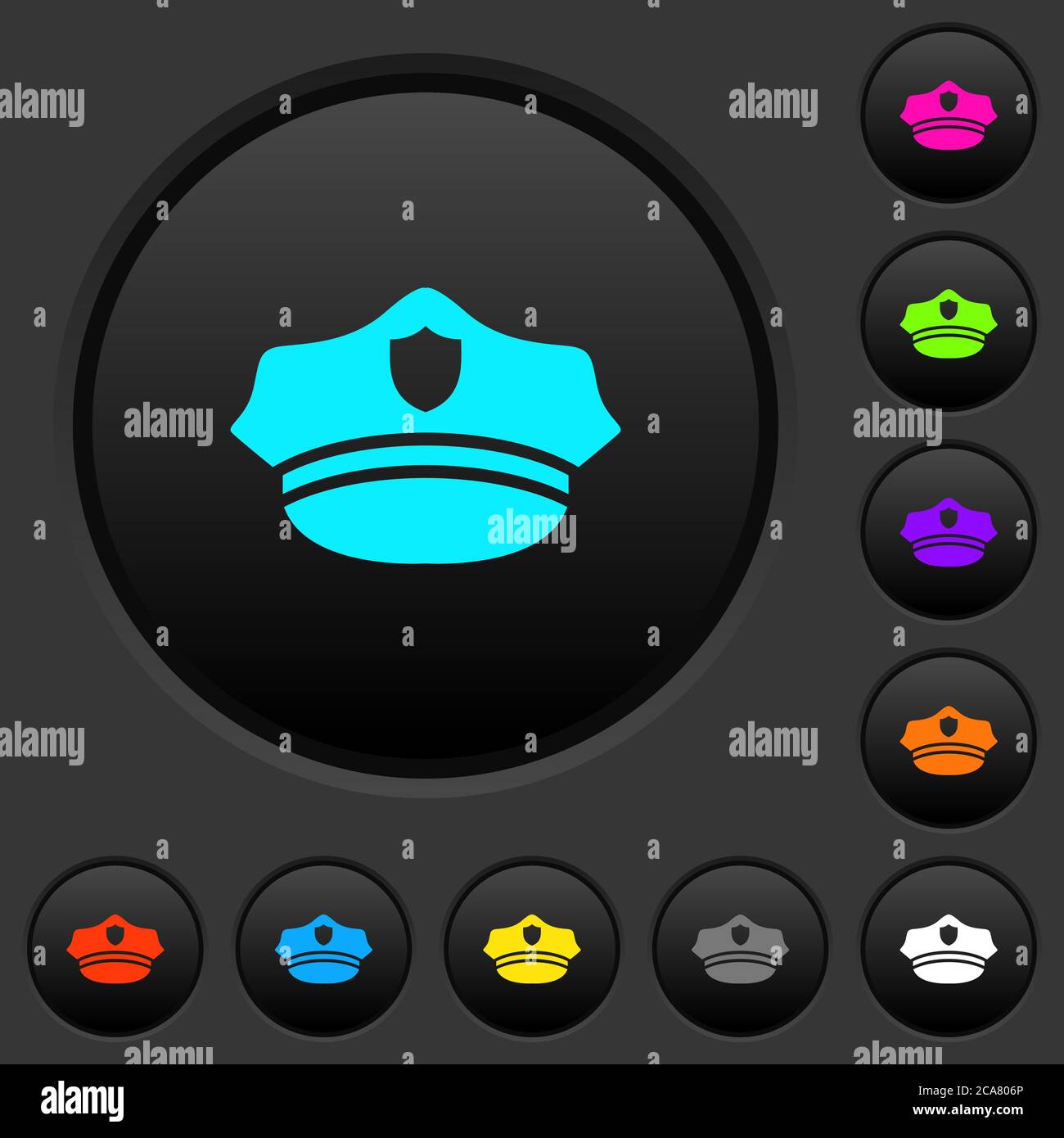 Police hat dark push buttons with vivid color icons on dark grey ...