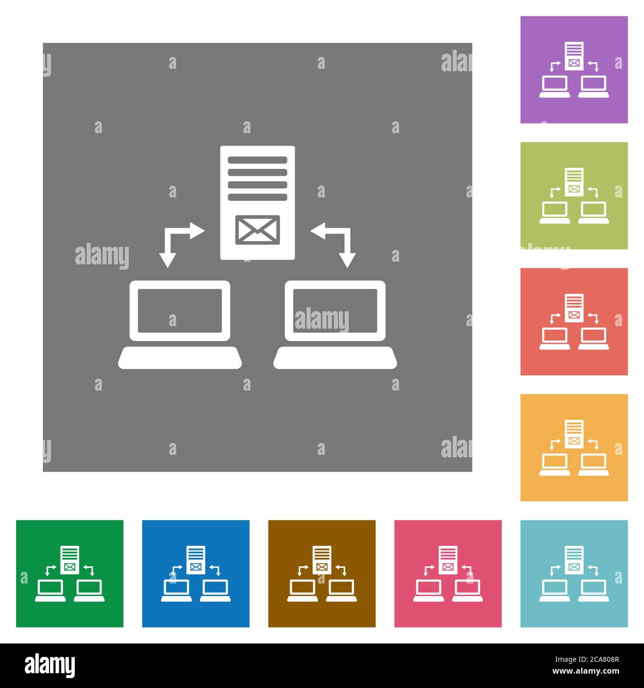 Multiple connections to mail server flat icons on simple color square backgrounds Stock Vector