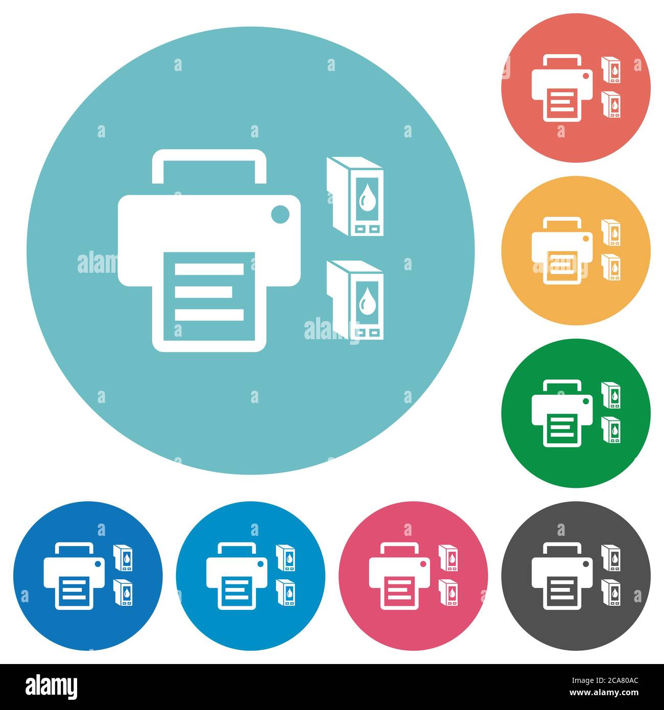 Printer and ink cartridges flat white icons on round color backgrounds ...