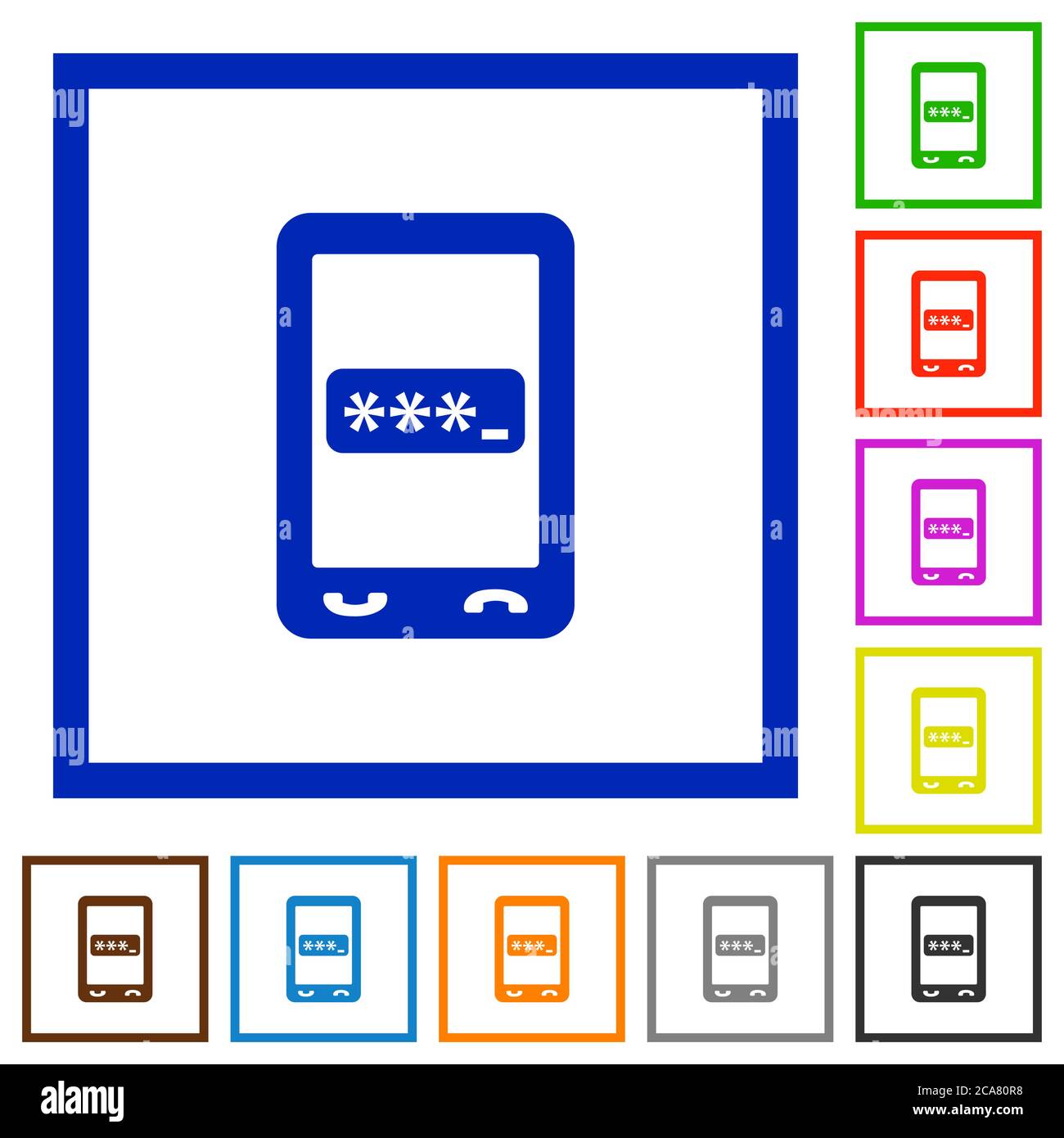 Mobile pin code flat color icons in square frames on white background Stock Vector