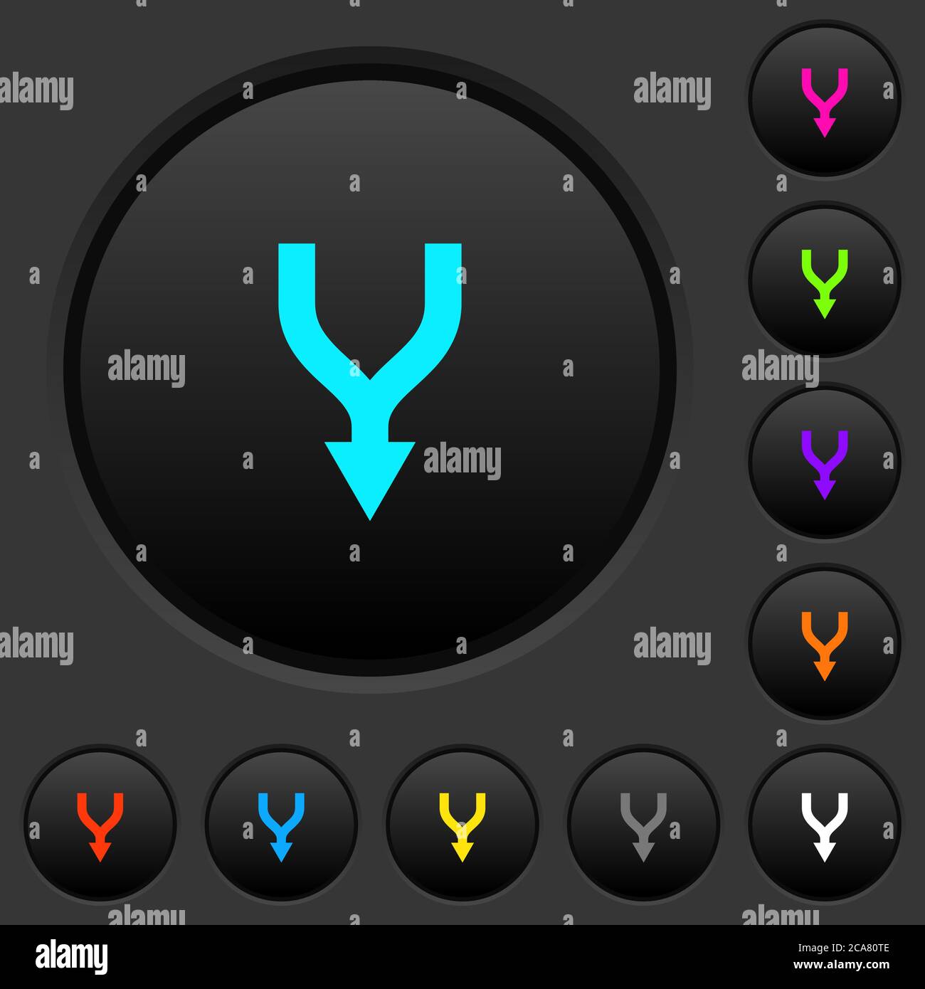 Merge arrows down dark push buttons with vivid color icons on dark grey ...