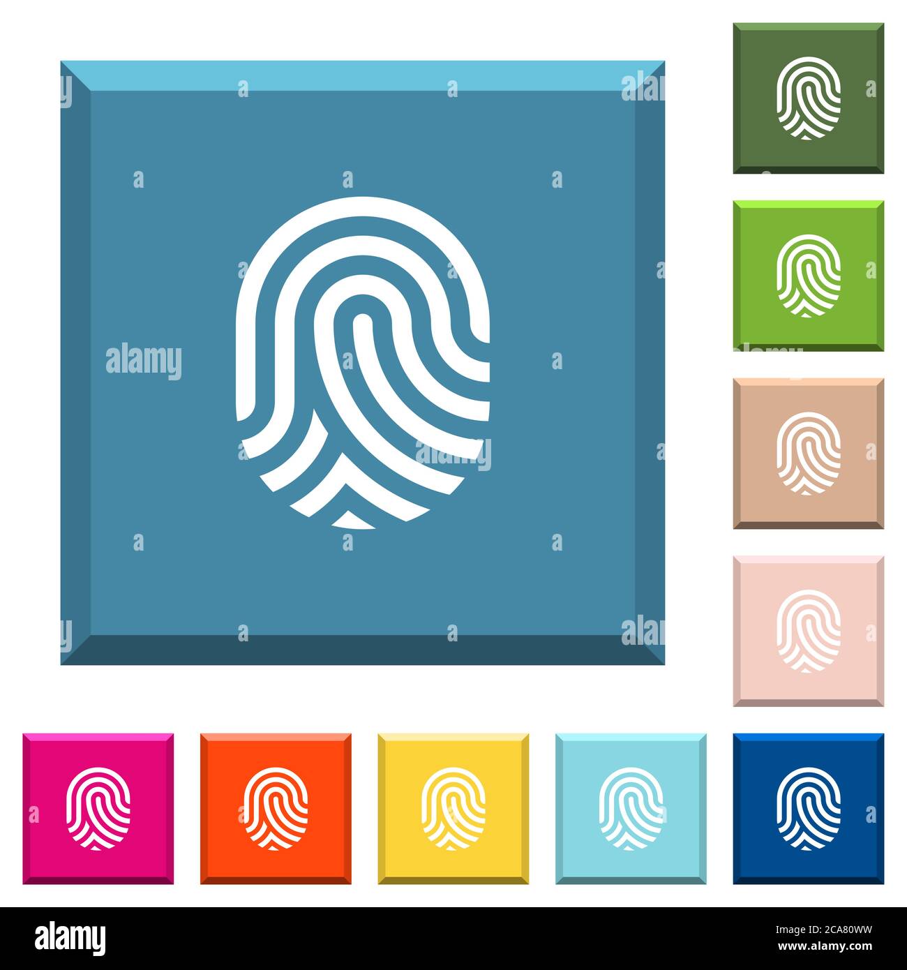 Fingerprint white icons on edged square buttons in various trendy ...