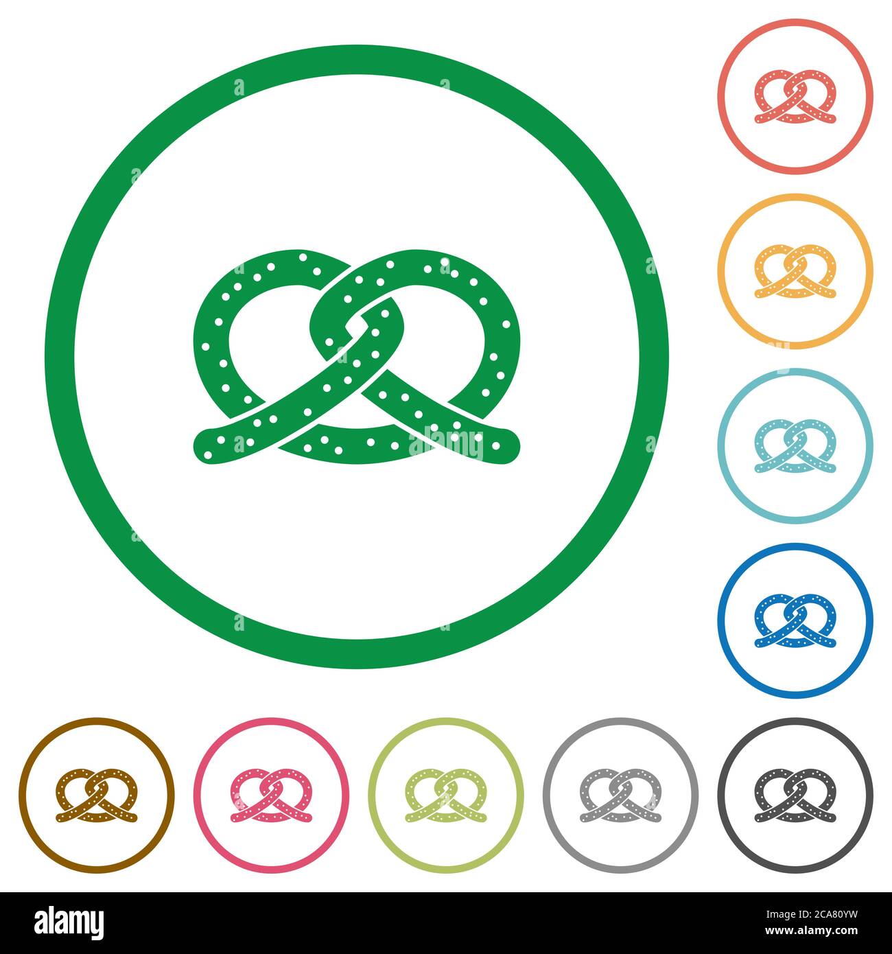 Salted pretzel flat color icons in round outlines on white background ...