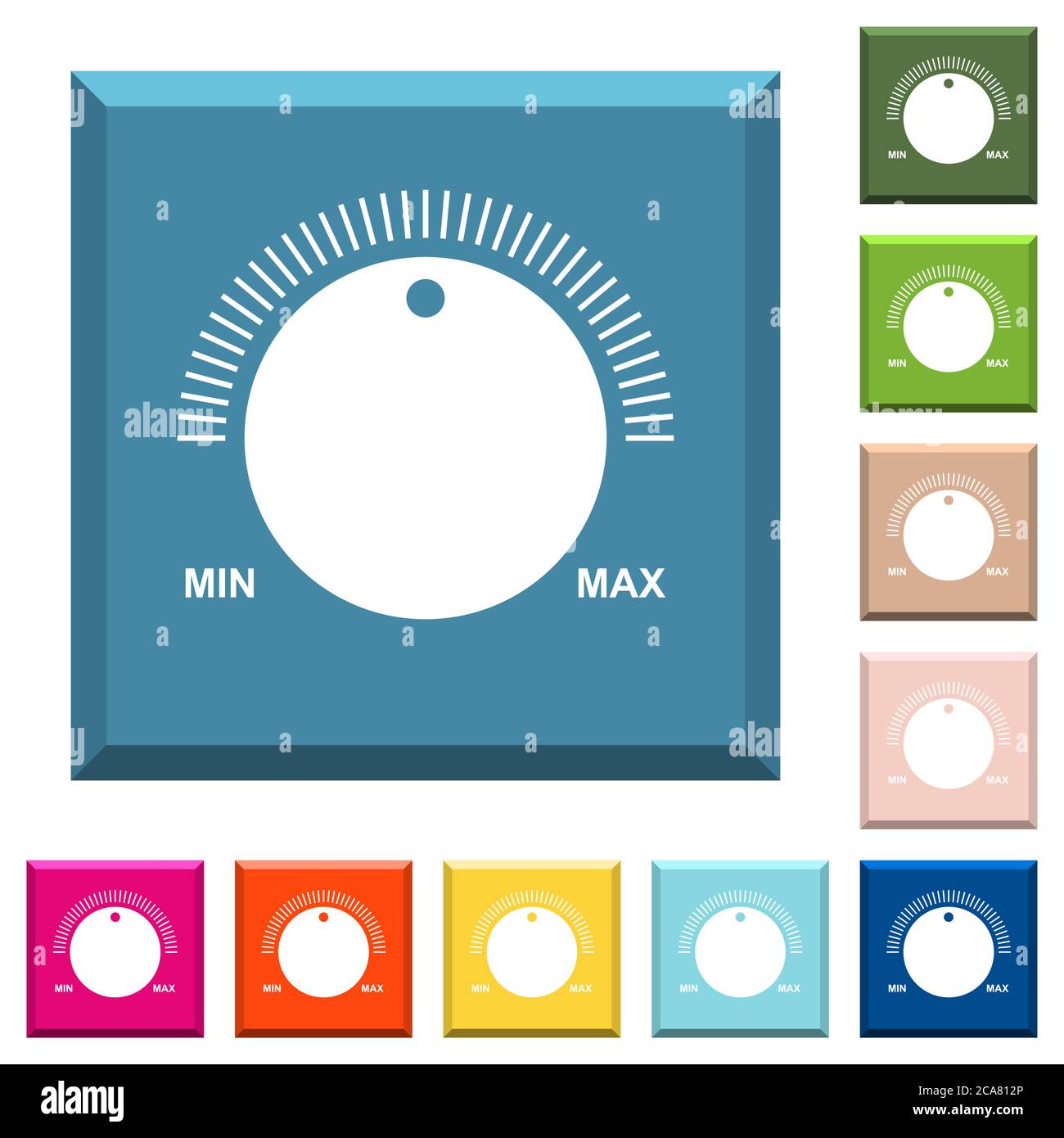Volume control with captions white icons on edged square buttons in ...