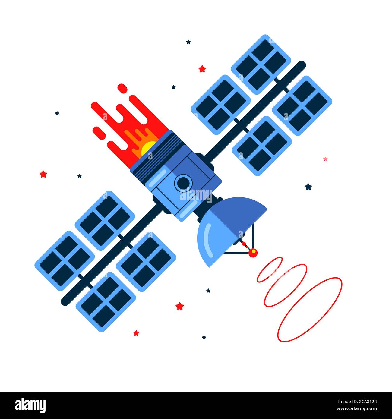 satellite flies in space among the stars. trigger a signal. flat vector ...
