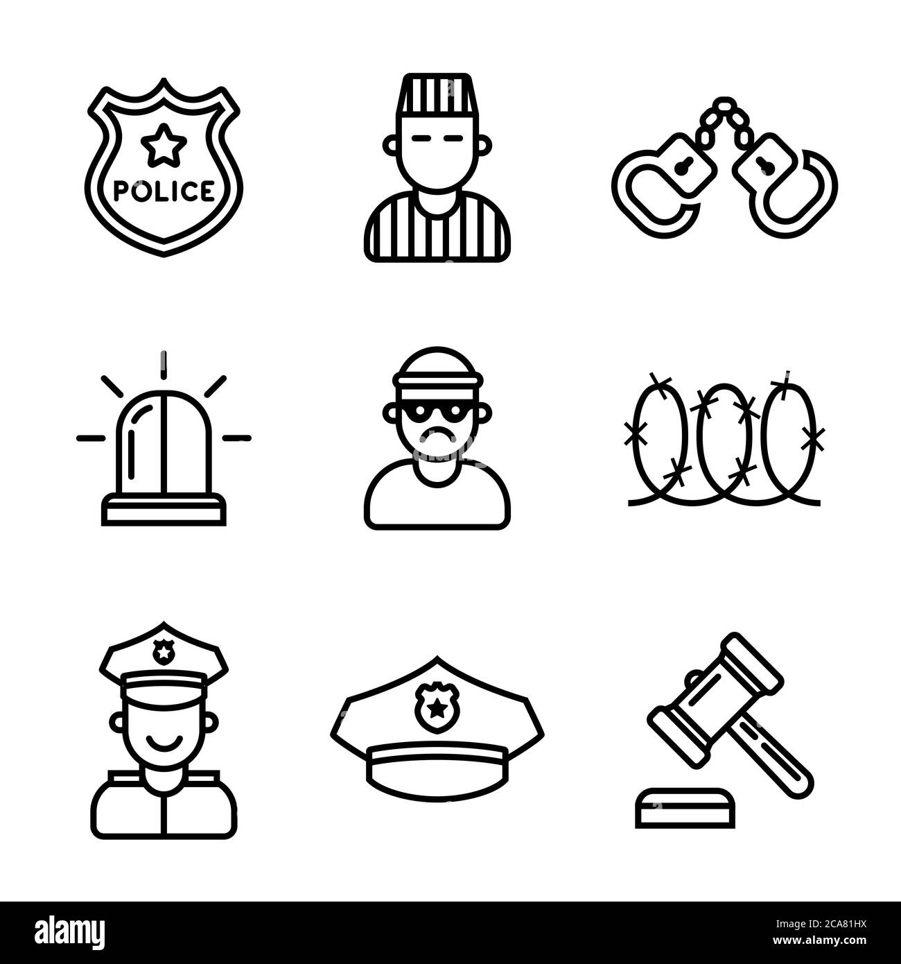 set of crime and punishment icons. policeman and criminal. Flat vector illustration. Stock Vector