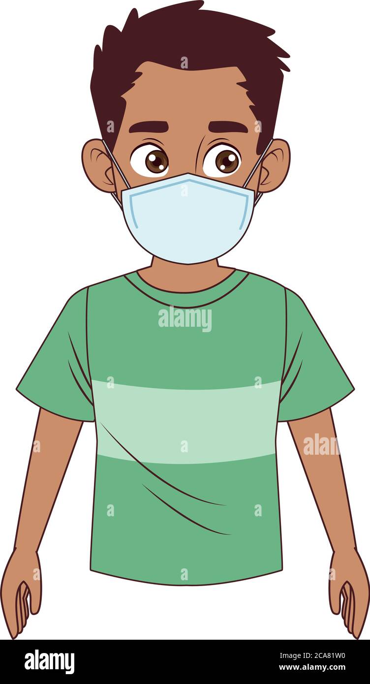 little afro boy wearing medical mask character vector illustration ...