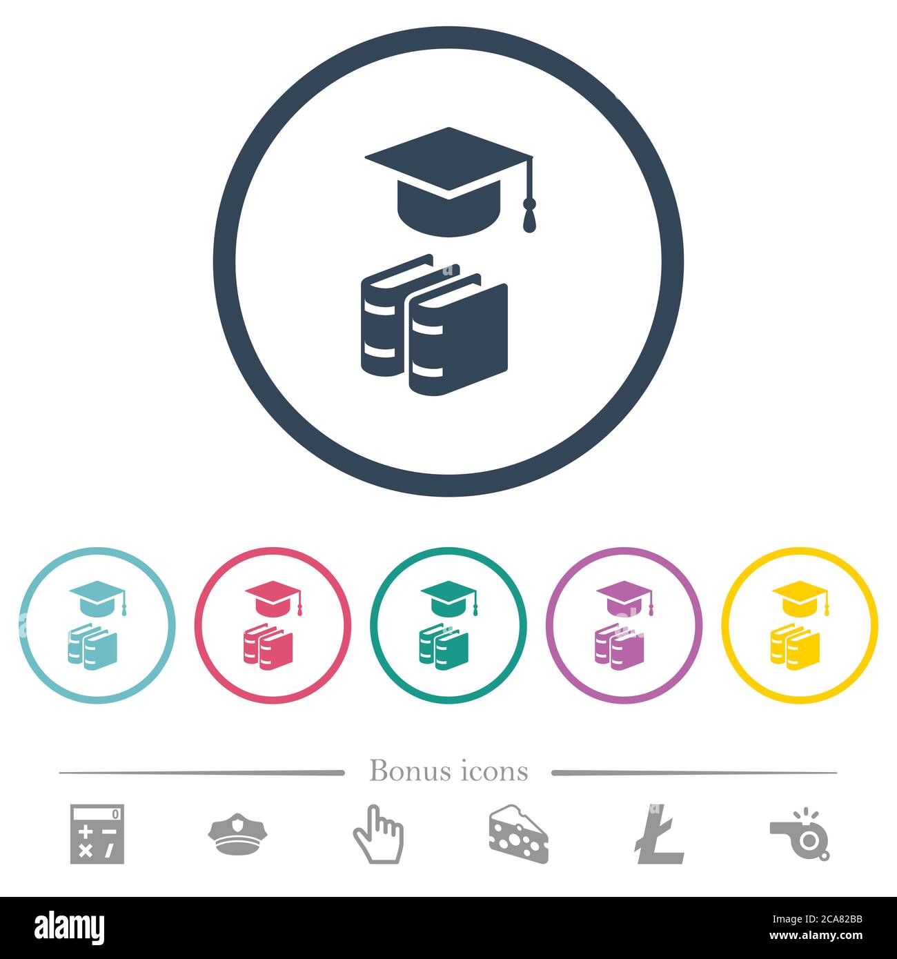 Graduation cap with books flat color icons in round outlines. 6 bonus ...