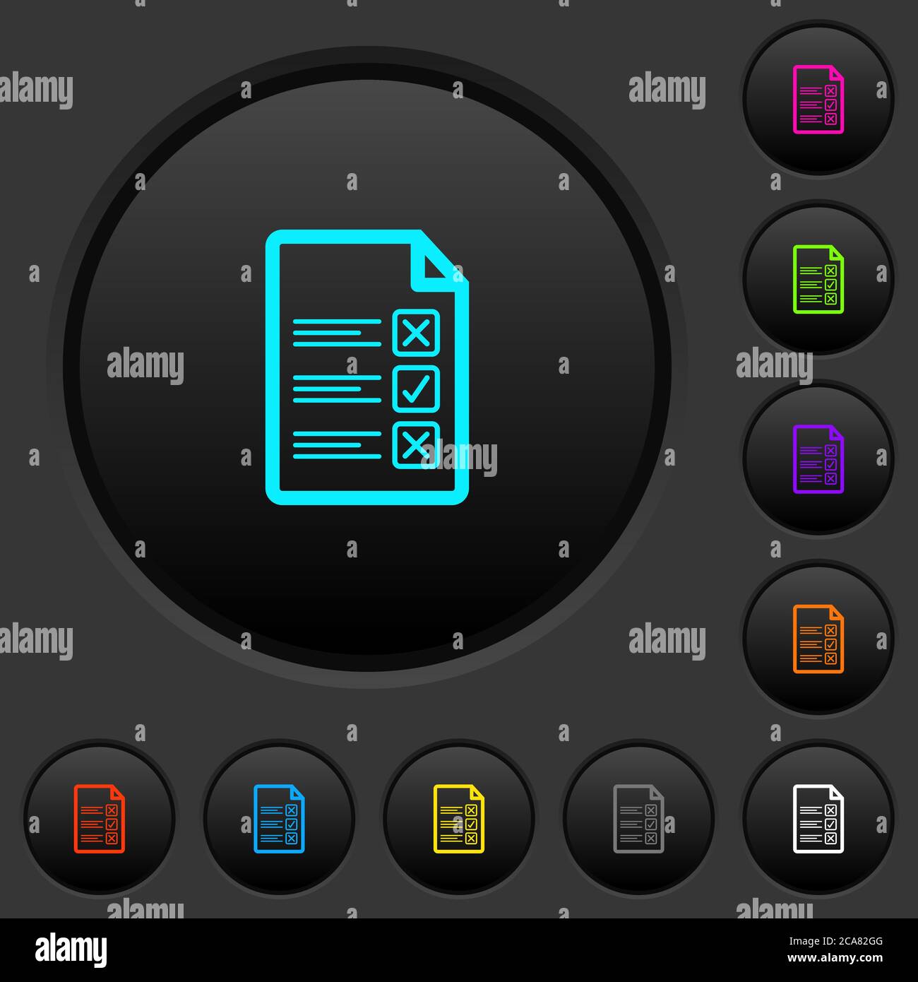 Questionnaire document dark push buttons with vivid color icons on dark ...