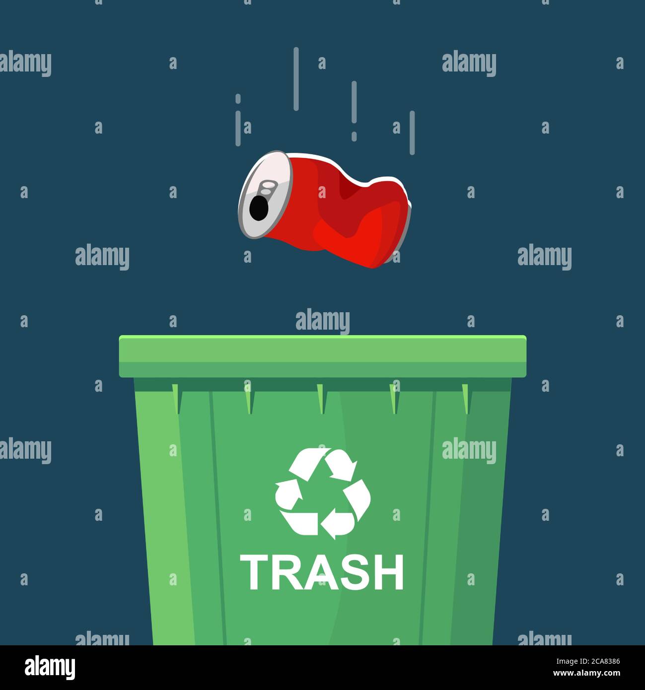 throwing a can in a green trash bin. flat vector illustration Stock