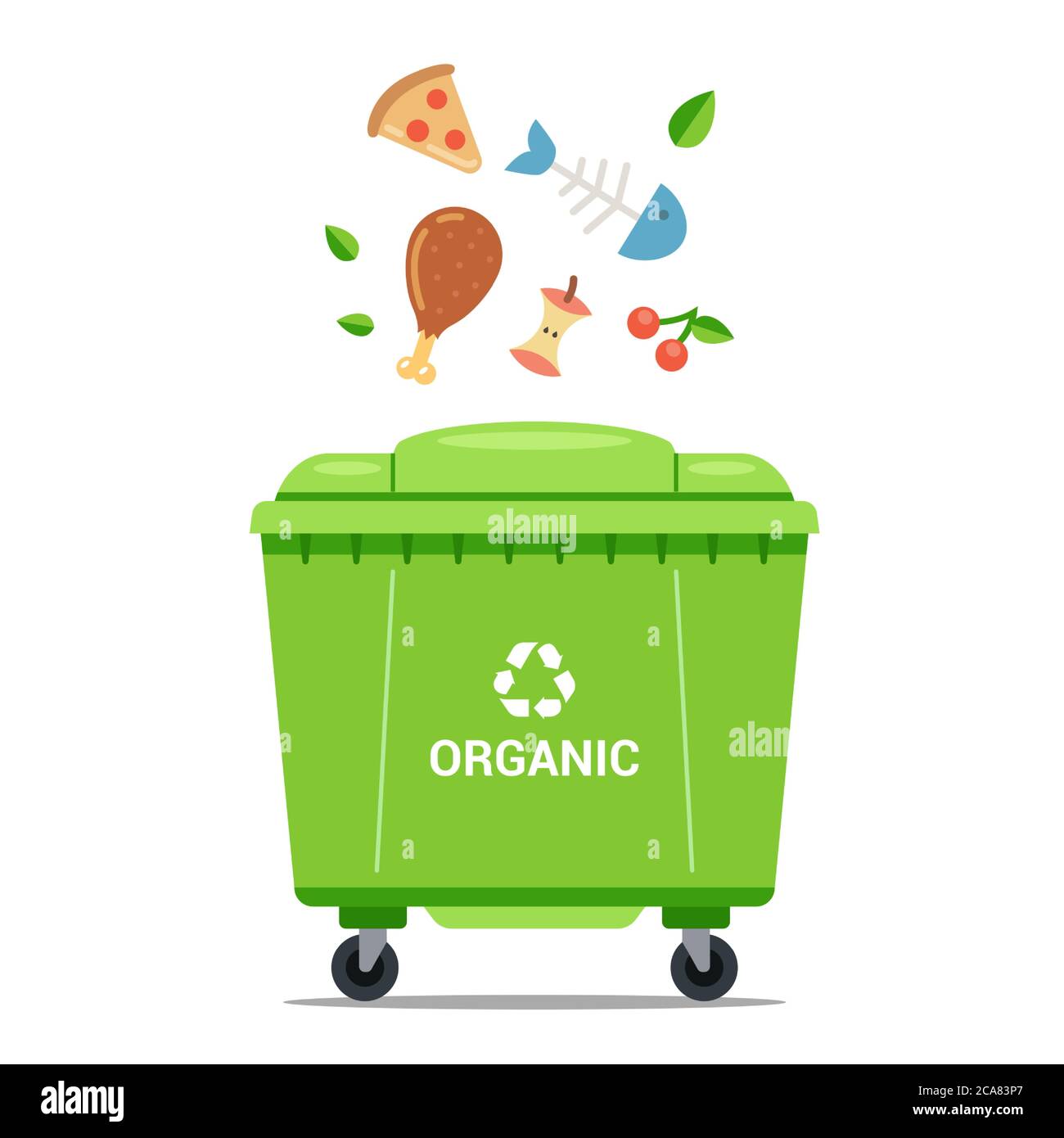 throw organic waste into a large green dustbin. flat vector illustration. Stock Vector