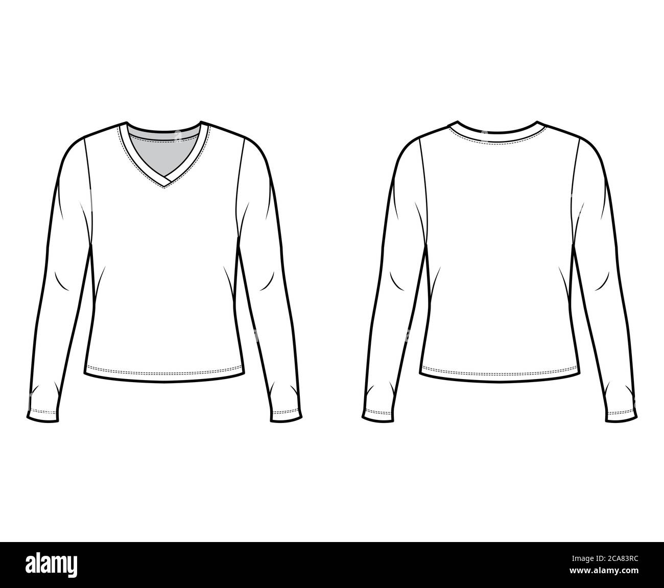 V-neck jersey sweater technical fashion illustration with long sleeves ...