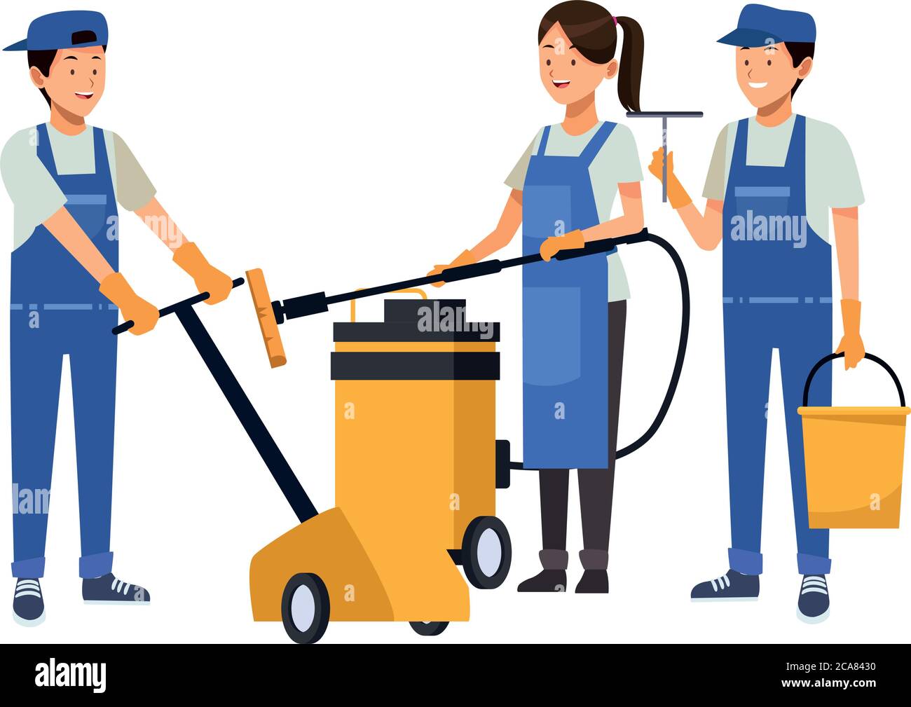 housekeeping team workers with equipment tools vector illustration