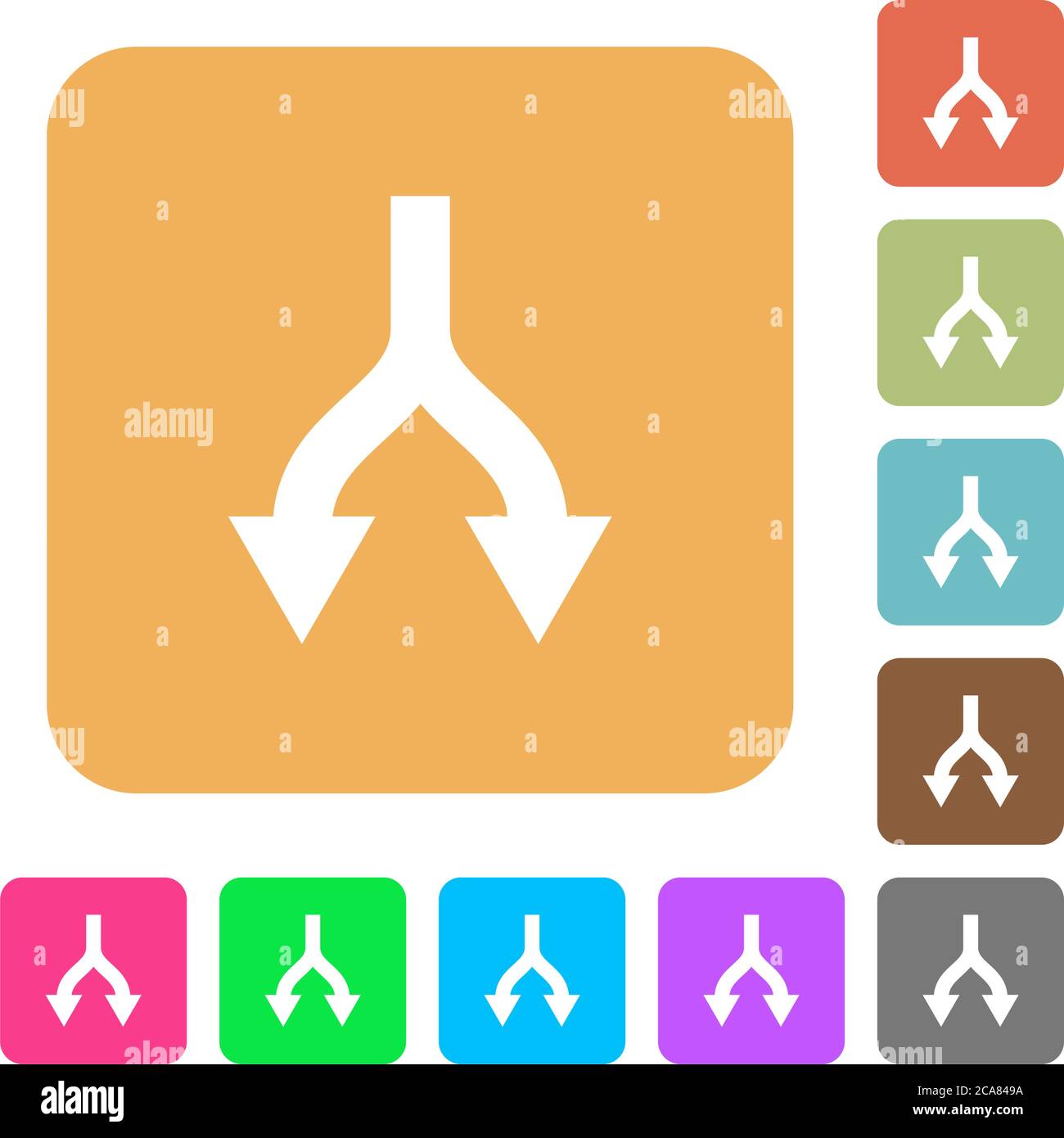 Split arrows down flat icons on rounded square vivid color backgrounds. Stock Vector