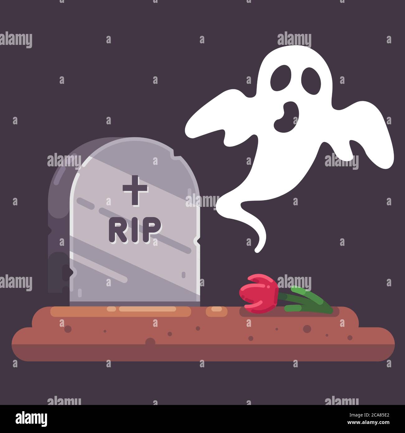 old gravestone with a ghost. scary cemetery at night. Flat vector illustration for Halloween. Stock Vector