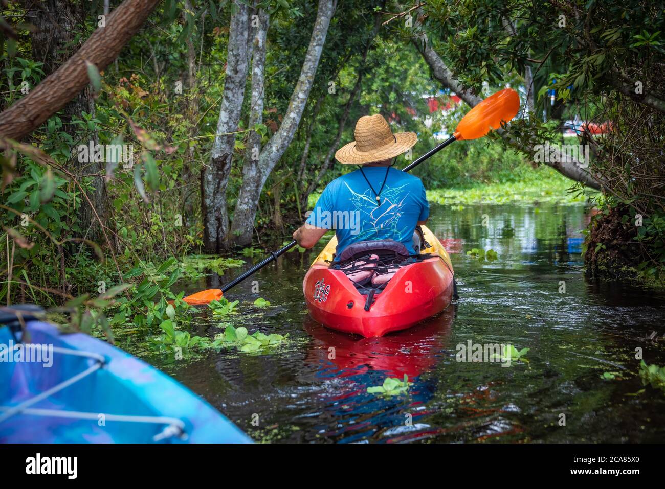 Kayakers returning to the North Guana Outpost after a kayaking excursion in the coastal marsh waters of the Guana River in Ponte Vedra Beach, Florida. Stock Photo