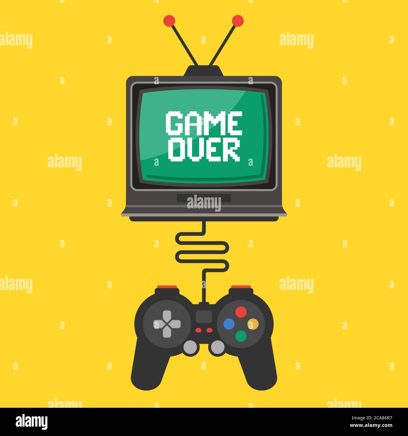 joystick control in a video game on an old TV. inscription game over on the screen. flat vector illustration Stock Vector