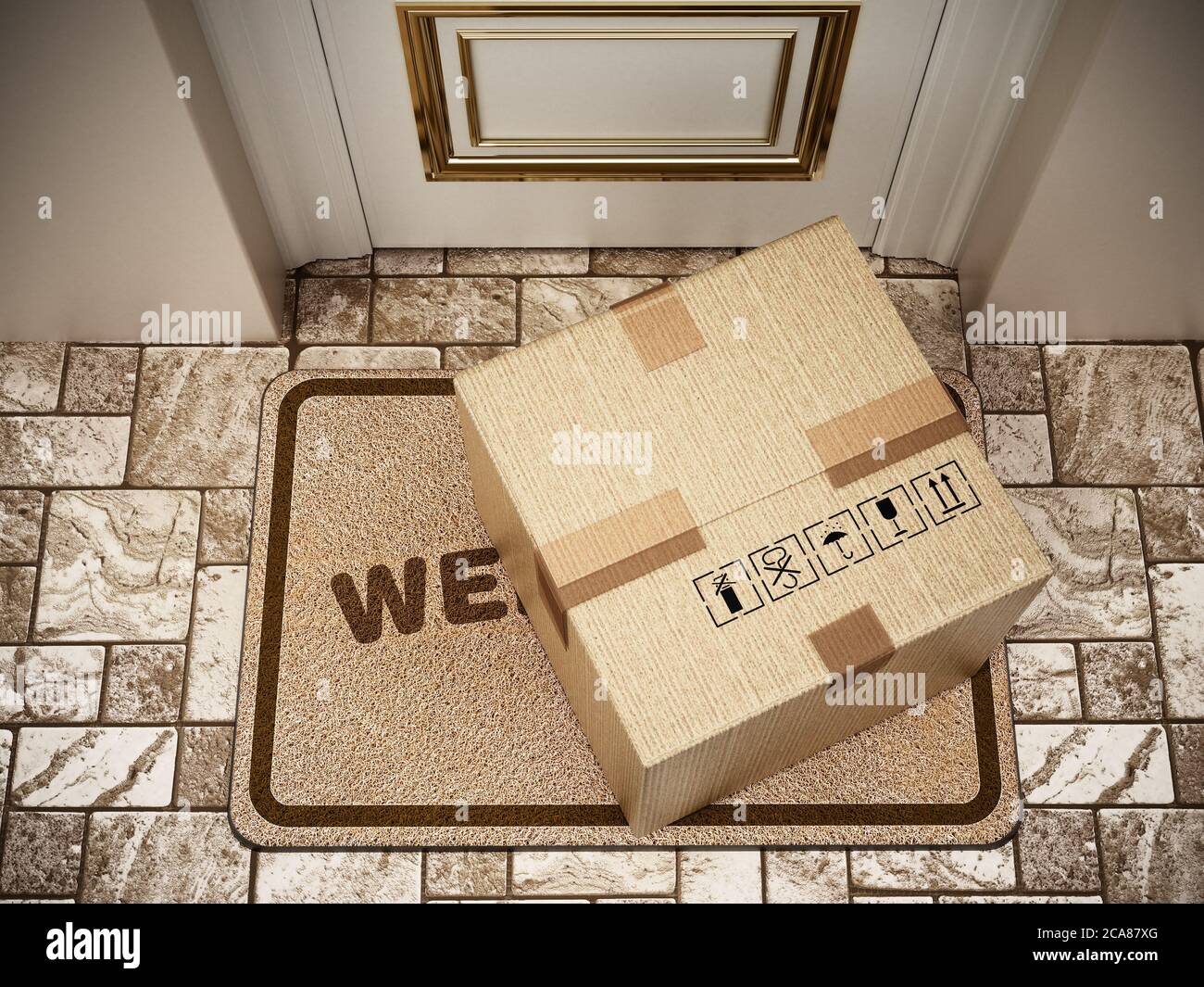 Cargo box standing on doormat. 3D illustration. Stock Photo