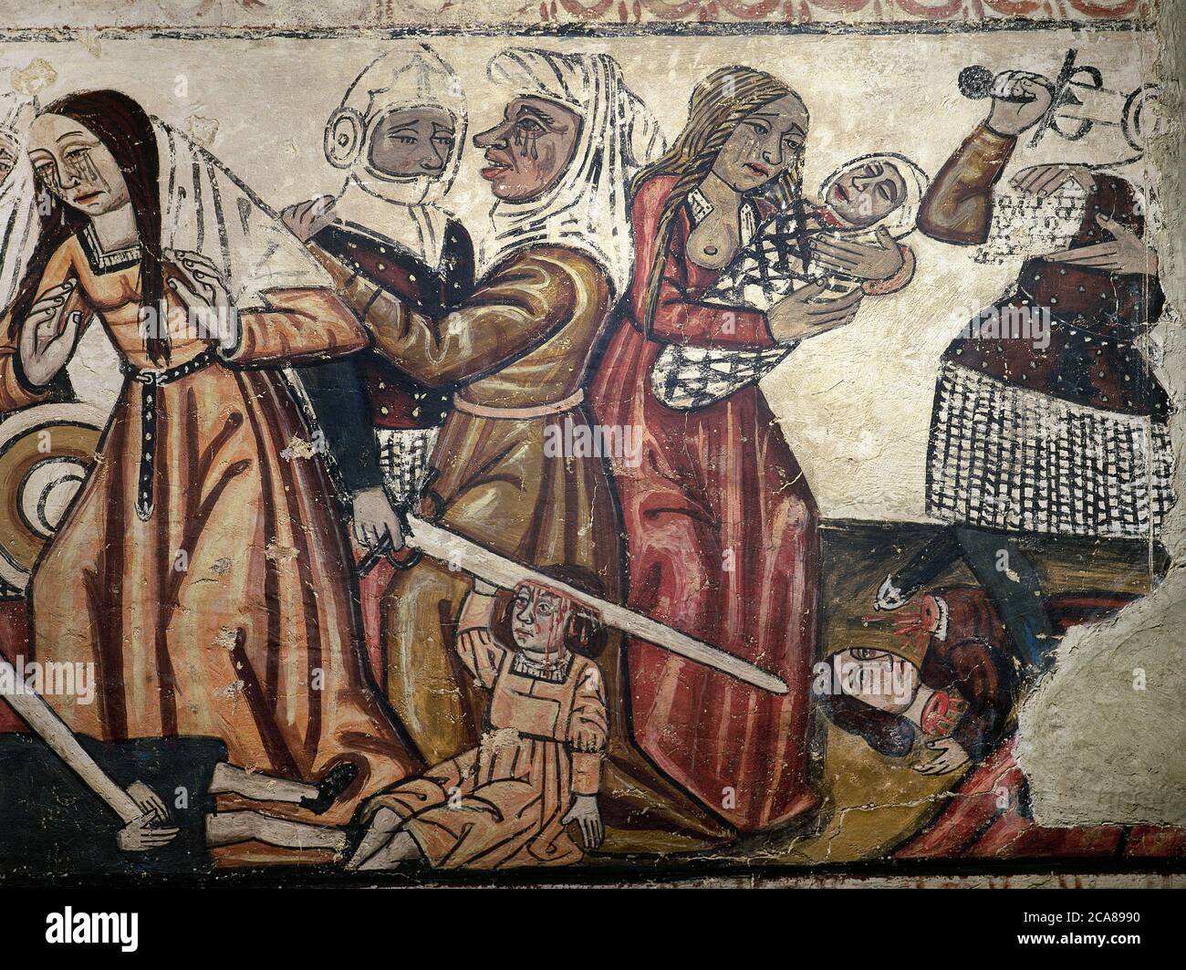 Massacre of the Innocents. Wall paintings of the central nave, 14th century. Detail. Mondoñedo Cathedral. Lugo province, Galicia, Spain. Stock Photo