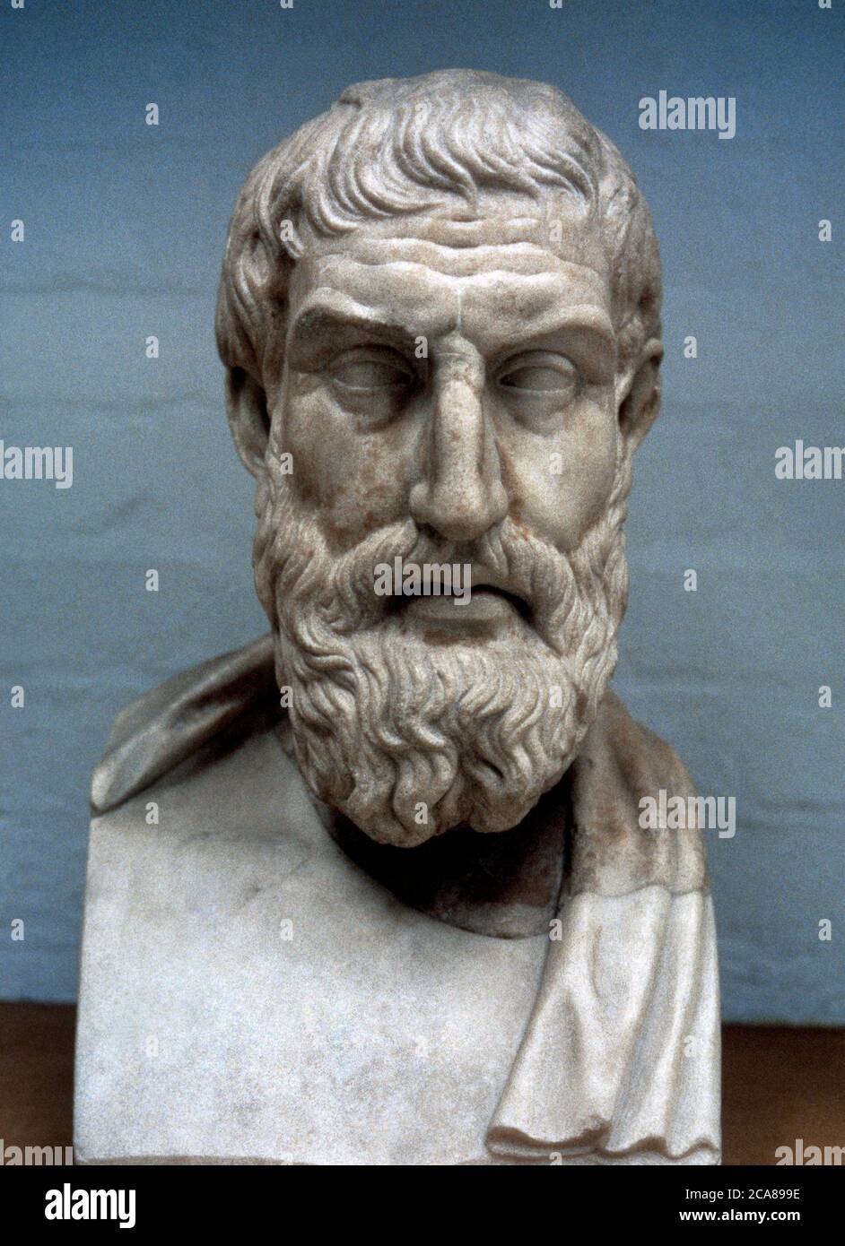 Epicurus (ca.341-270 BC). Ancient Greek philosopher. Bust. Marble. From Villa Casali, Rome (1-160 AD). British Museum. London, England, Great Britain. Stock Photo