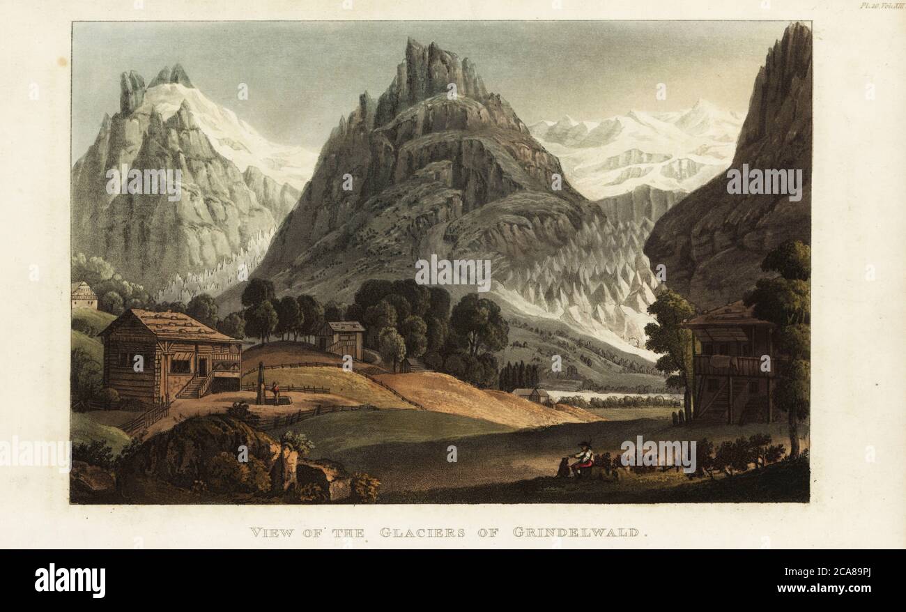 View of the Glaciers of Grindelwald, Switzerland. Handcoloured copperplate engraving from Rudolph Ackermann’s Repository of Arts, Literature, Fashions, Manufactures, etc., Strand, London, 1822. Stock Photo