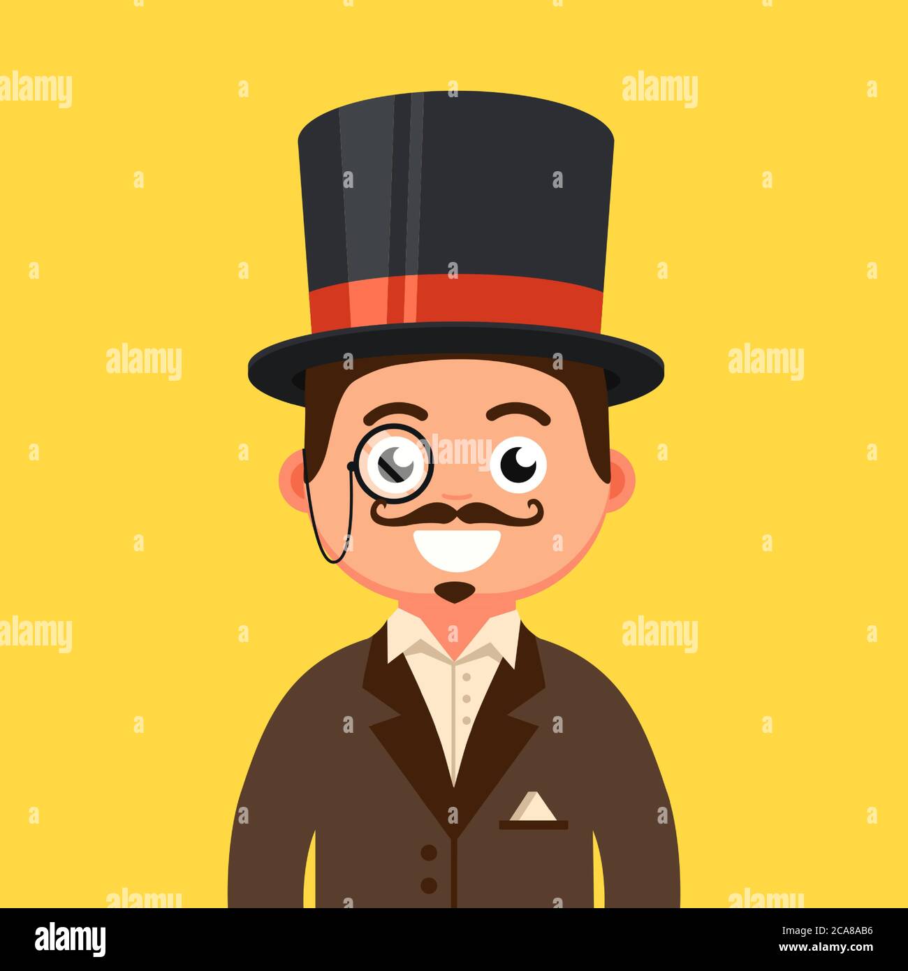 a gentleman in a top hat with a mustache and in a monocle. 19th century man. Flat character vector illustration. Stock Vector