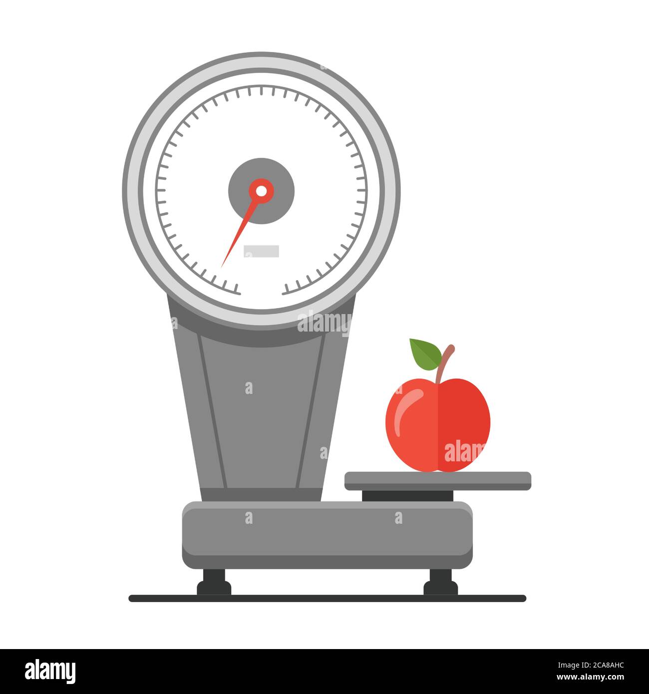 Apple fruit on scale pan. Weighing apple with leaf on scales Stock Vector