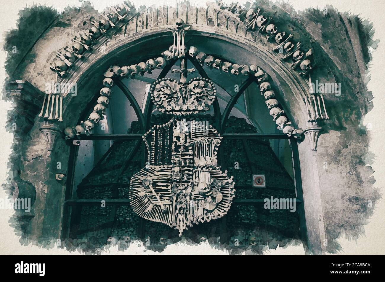 Watercolor drawing of Royal coat of arms made of human bones and skulls with pile of skulls background. Kostnice Church in Kutna Hora. Stock Photo
