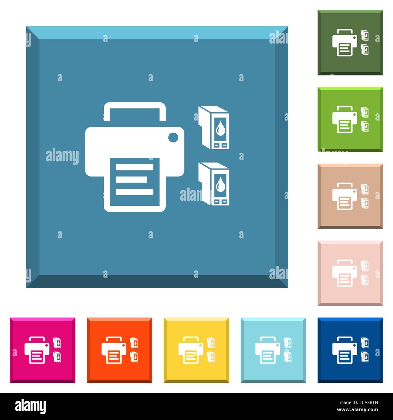 Printer and ink cartridges white icons on edged square buttons in ...