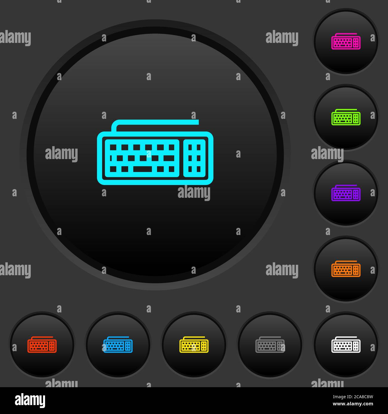 Computer keyboard dark push buttons with vivid color icons on dark grey