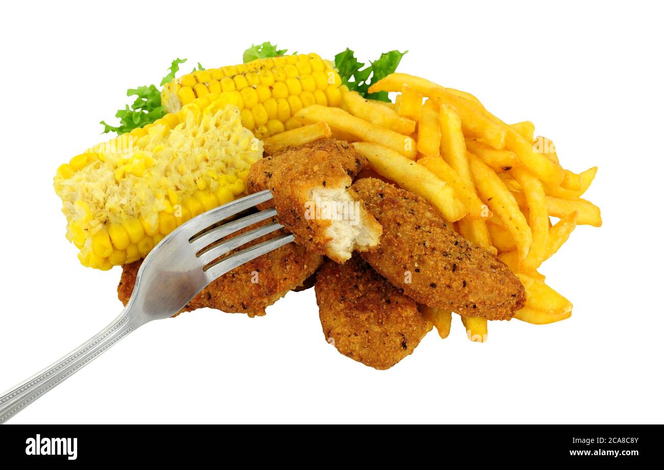 Southern fried chicken dippers, covered in spicy breadcrumbs with French fries and corn on the