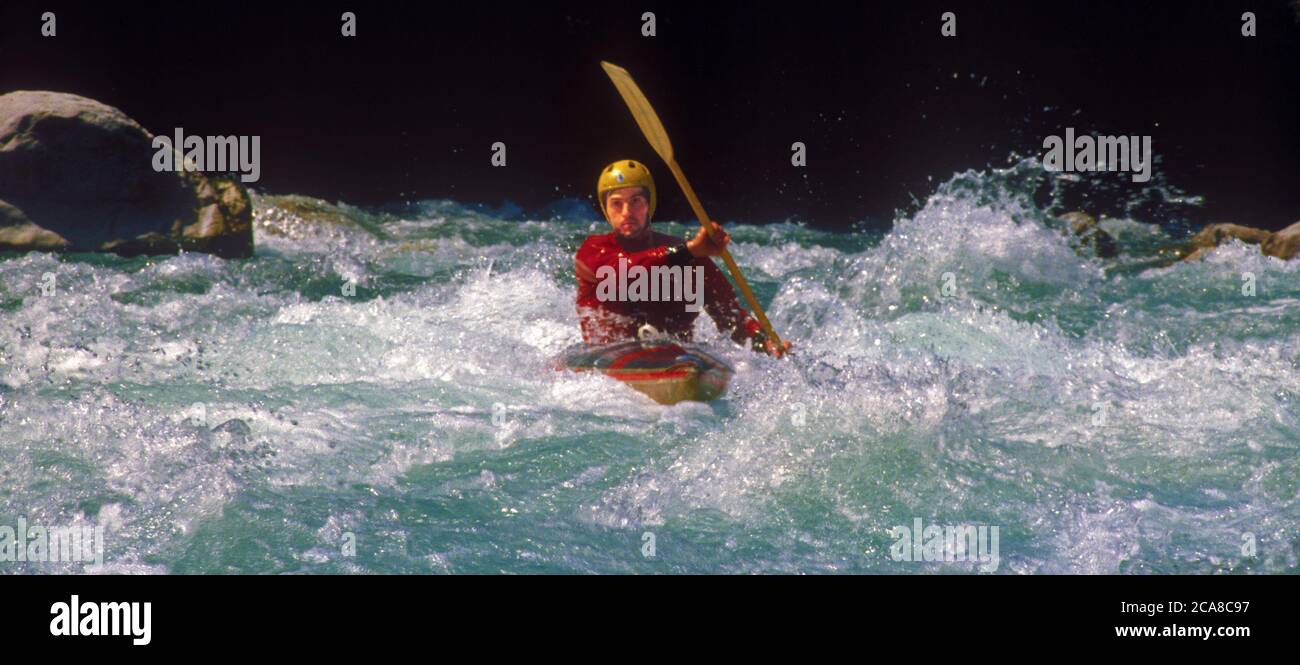 By canoe on the Cellina torrent. Stock Photo