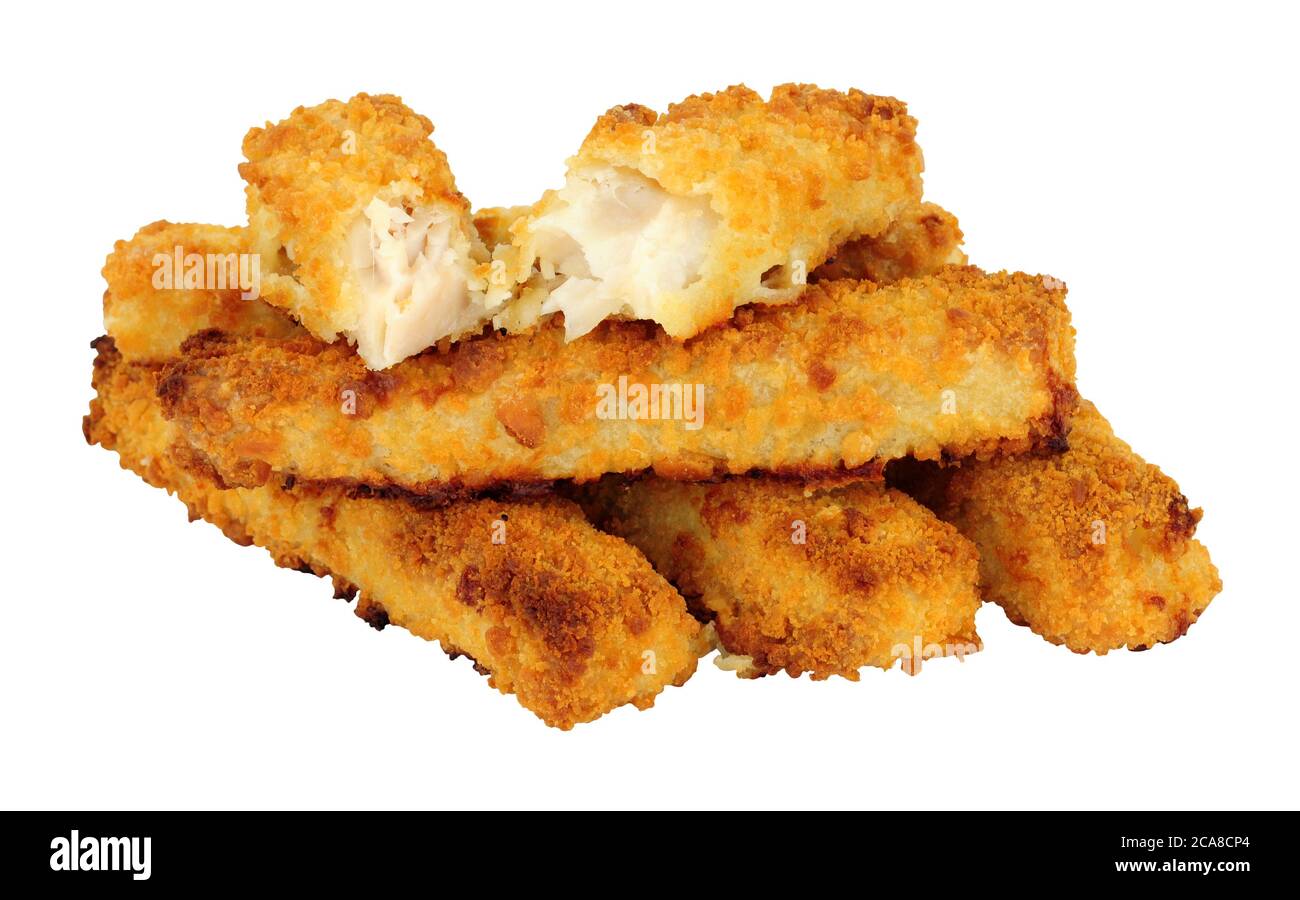 Group of jumbo breadcrumb covered cod fish fingers isolated on a white