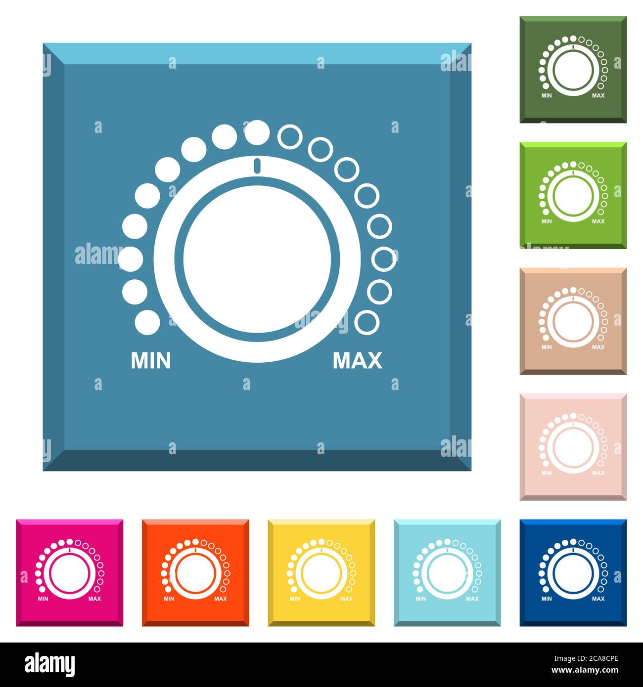 Volume control with captions white icons on edged square buttons in ...