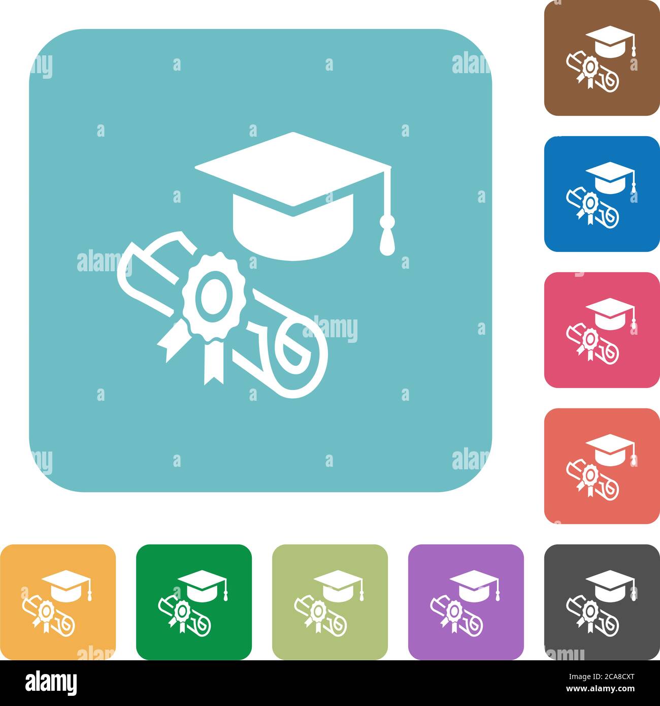 Graduation ceremony white flat icons on color rounded square ...