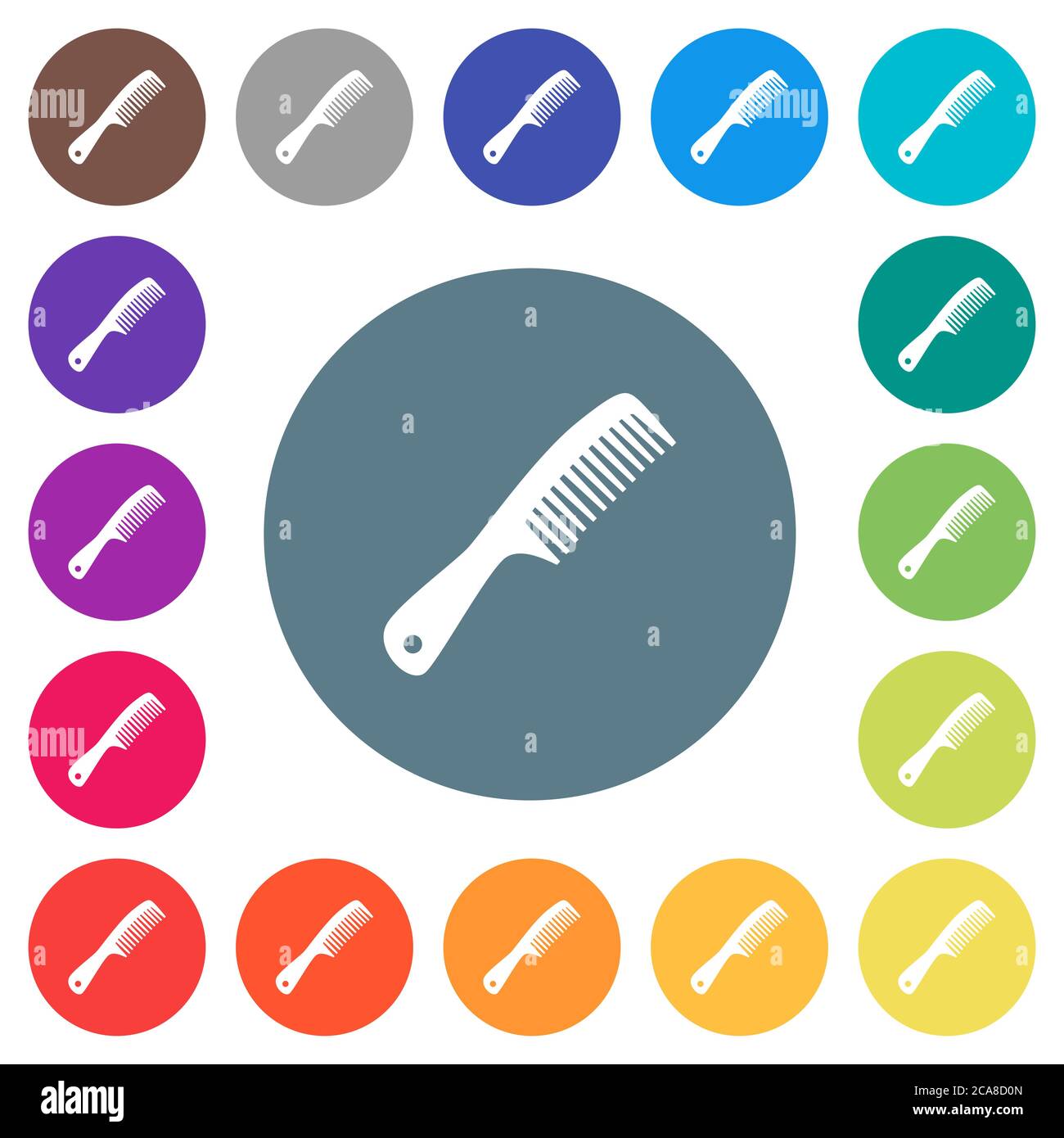 Comb with handle flat white icons on round color backgrounds. 17 ...