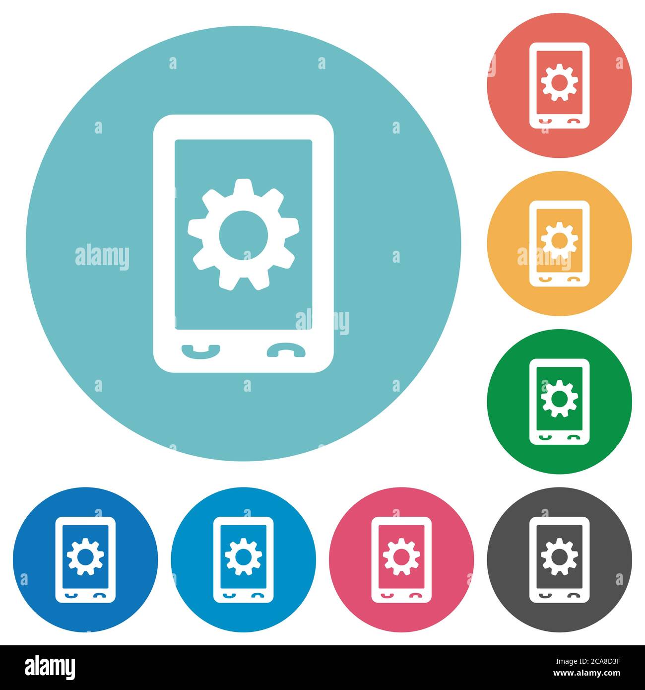 Mobile settings flat white icons on round color backgrounds Stock Vector