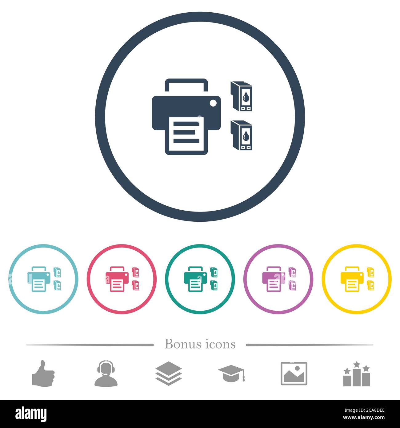 Printer and ink cartridges flat color icons in round outlines. 6 bonus ...