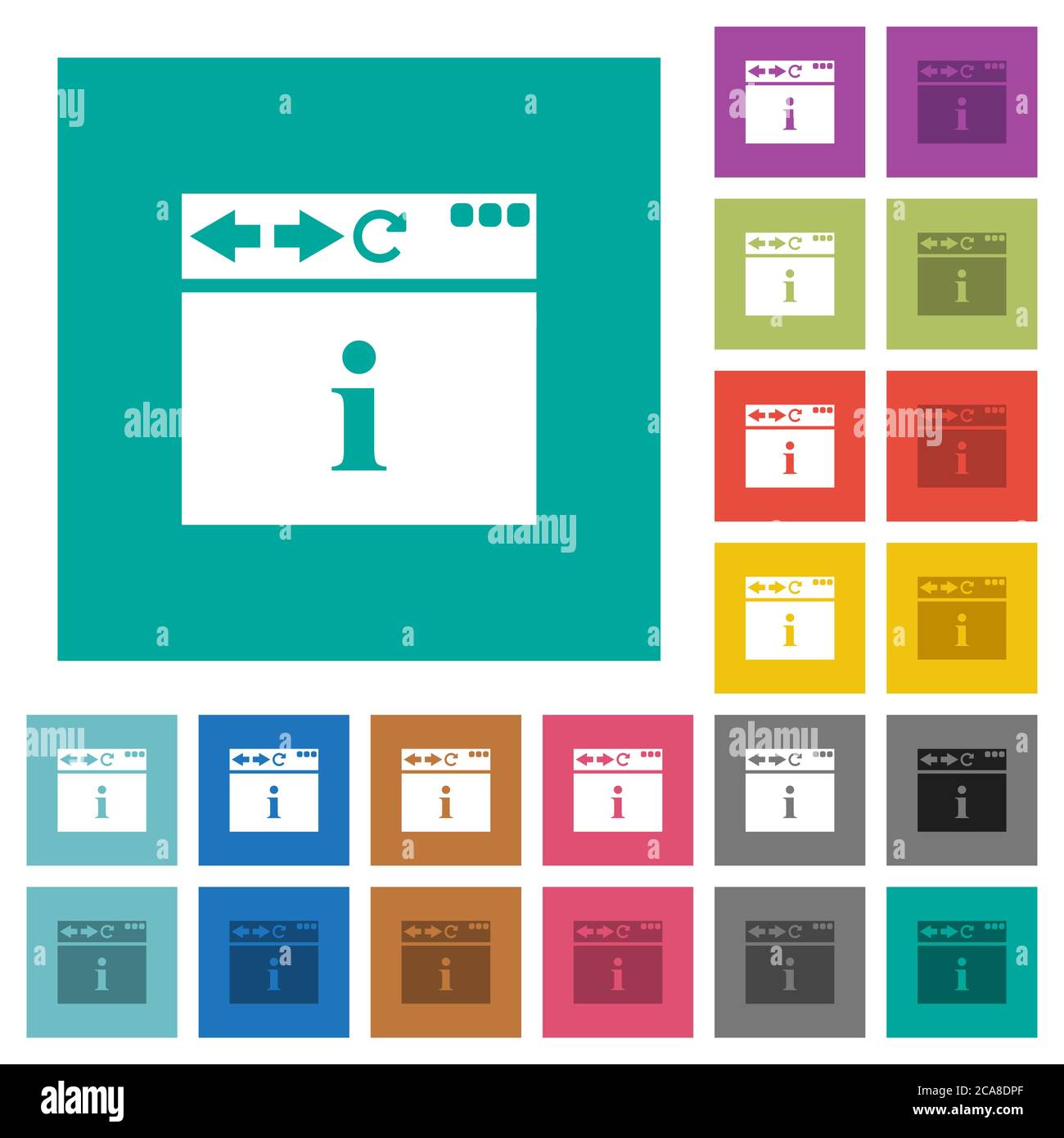 Browser info multi colored flat icons on plain square backgrounds. Included white and darker icon variations for hover or active effects. Stock Vector