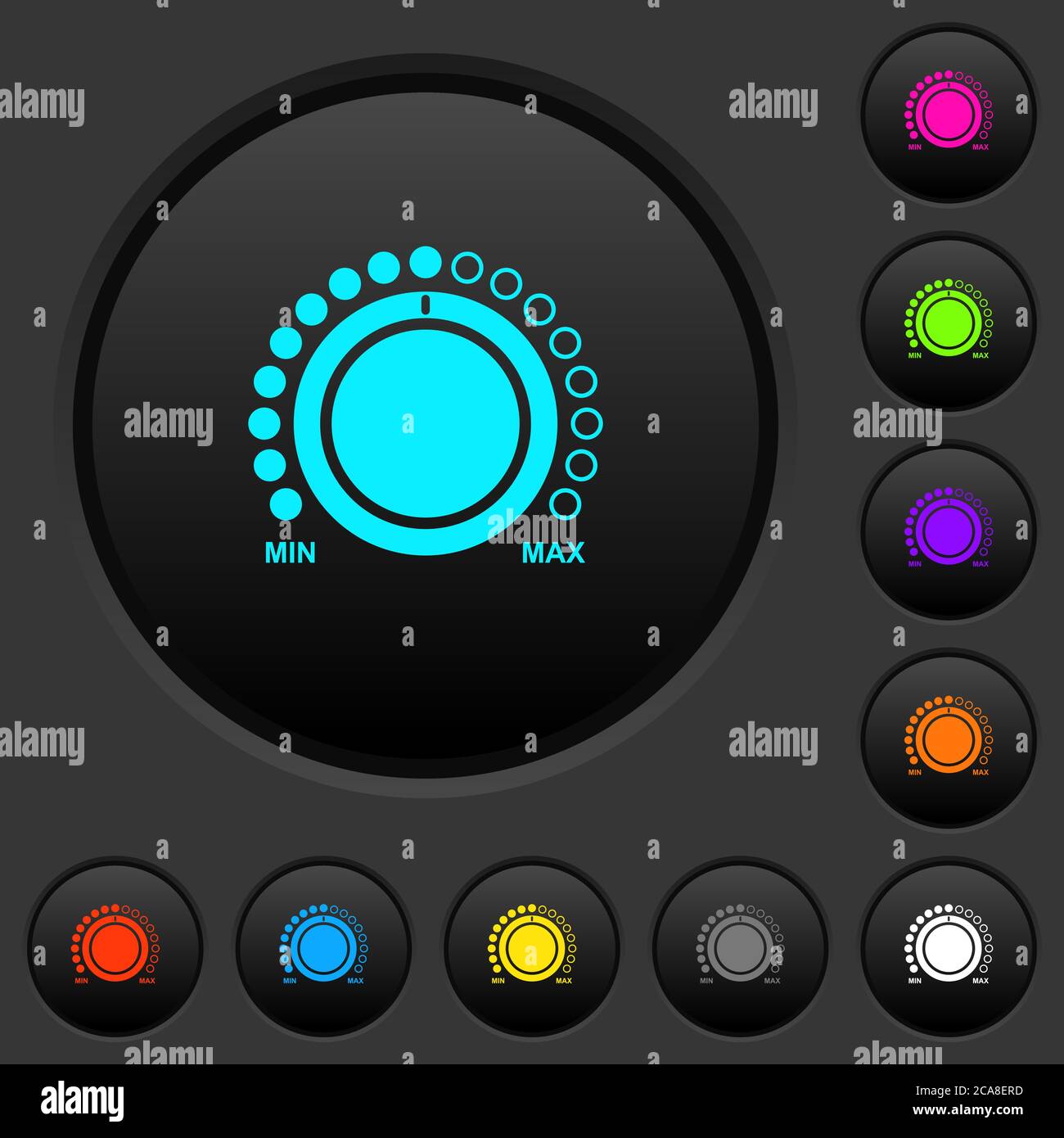 Volume control with captions dark push buttons with vivid color icons ...